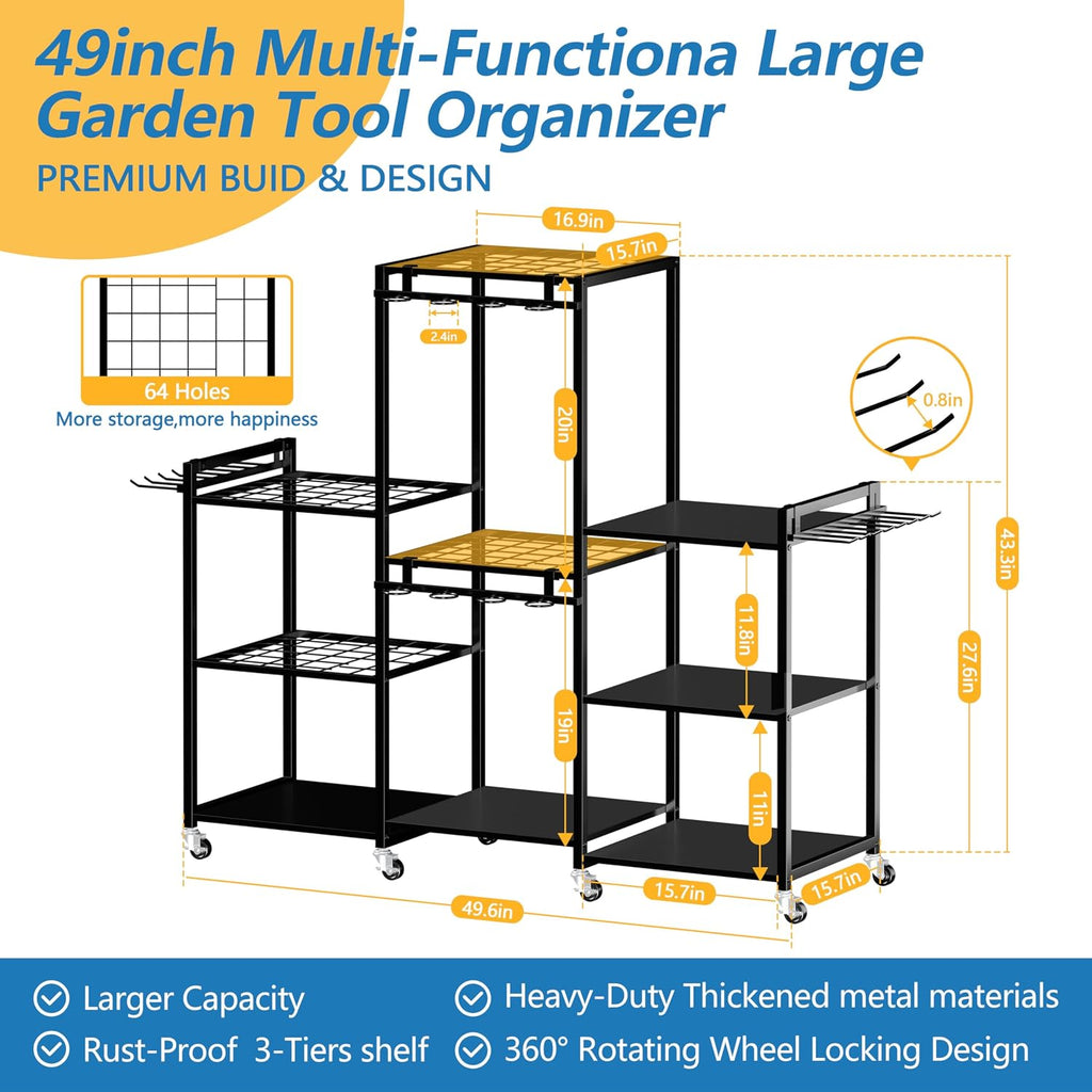 ROGMARS Garden Tool Organizer with Wheels for Garage,49' Heavy Duty 3 Tier Yard Tool Holder Storage Rack with Large Hooks for Shed/Yard/Broom/Lawn/Long-Handled Garden Cart