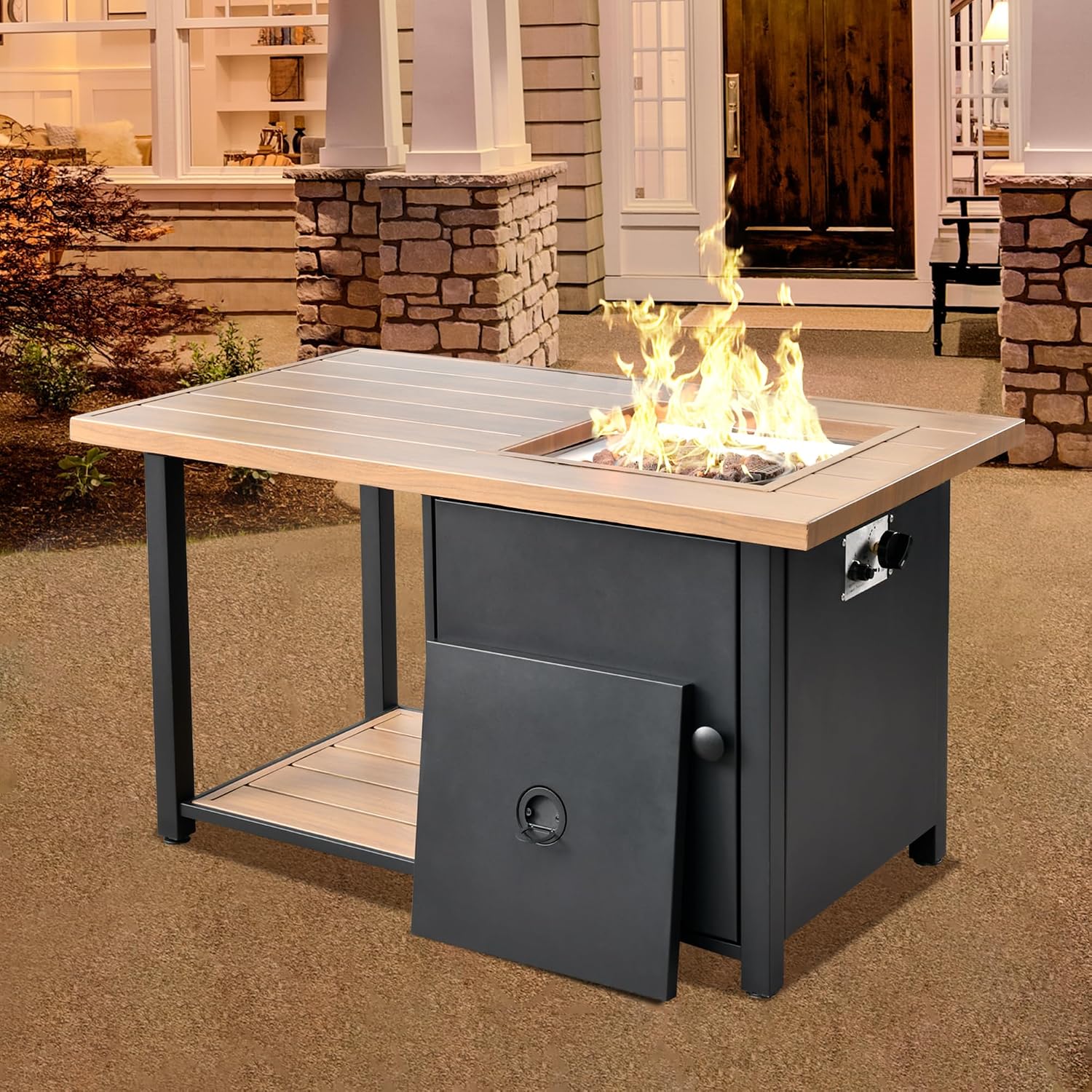 OVIOS 46 Inch Outdoor Patio Fire Pit Table, 50,000 BTU Heater Metal Steel Frame Propane Firepits with Storage Space, Wood-Like Tabletop, Waterproof Cover, Lid, Lava Rock, Black