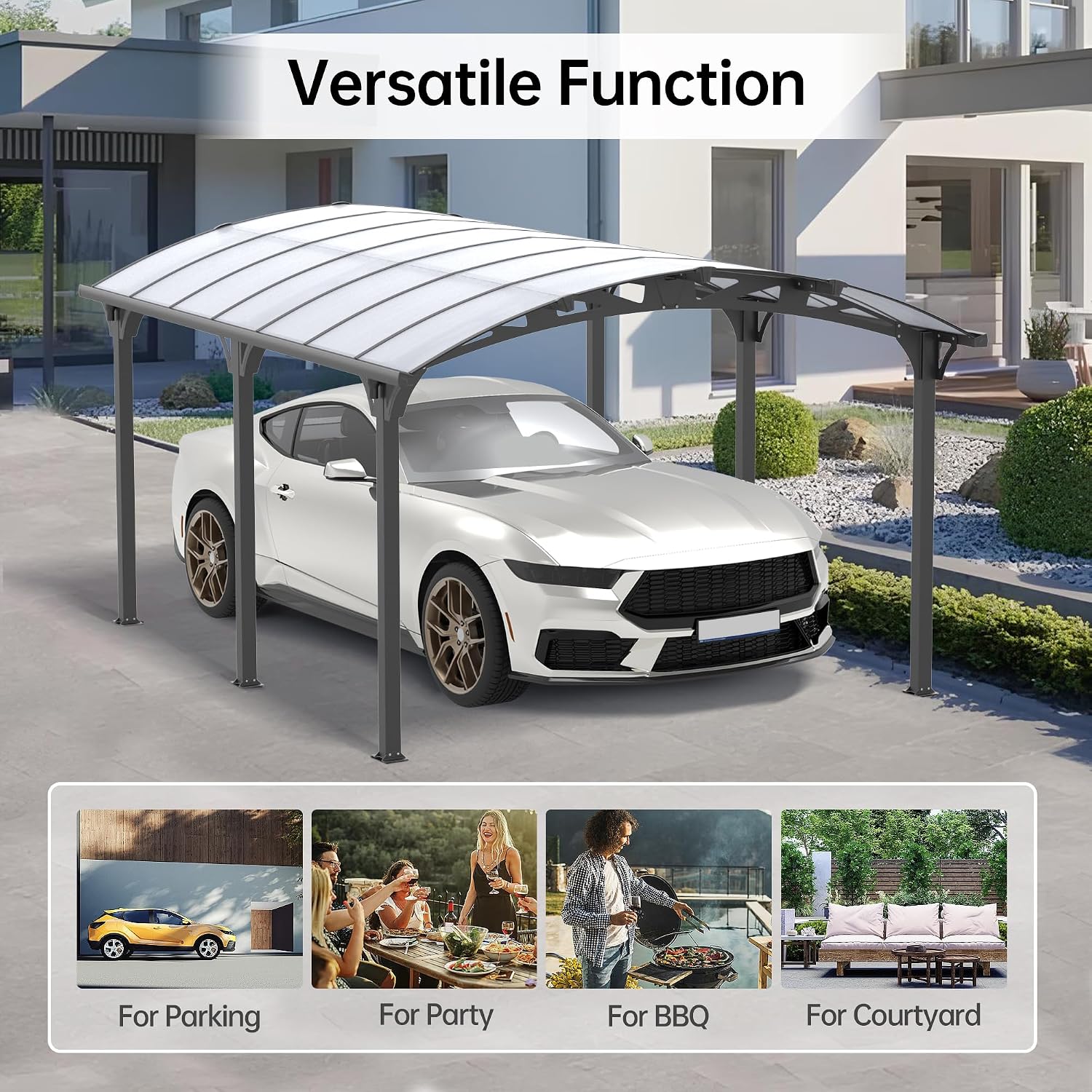 Real Relax 12 x 16 ft Metal Carport Kits with Polycarbonate Panel, Heavy Duty Metal Carport Canopy, Outdoor Car Tent Metal Garage Shelter for Car, Truck and Boats, Grey