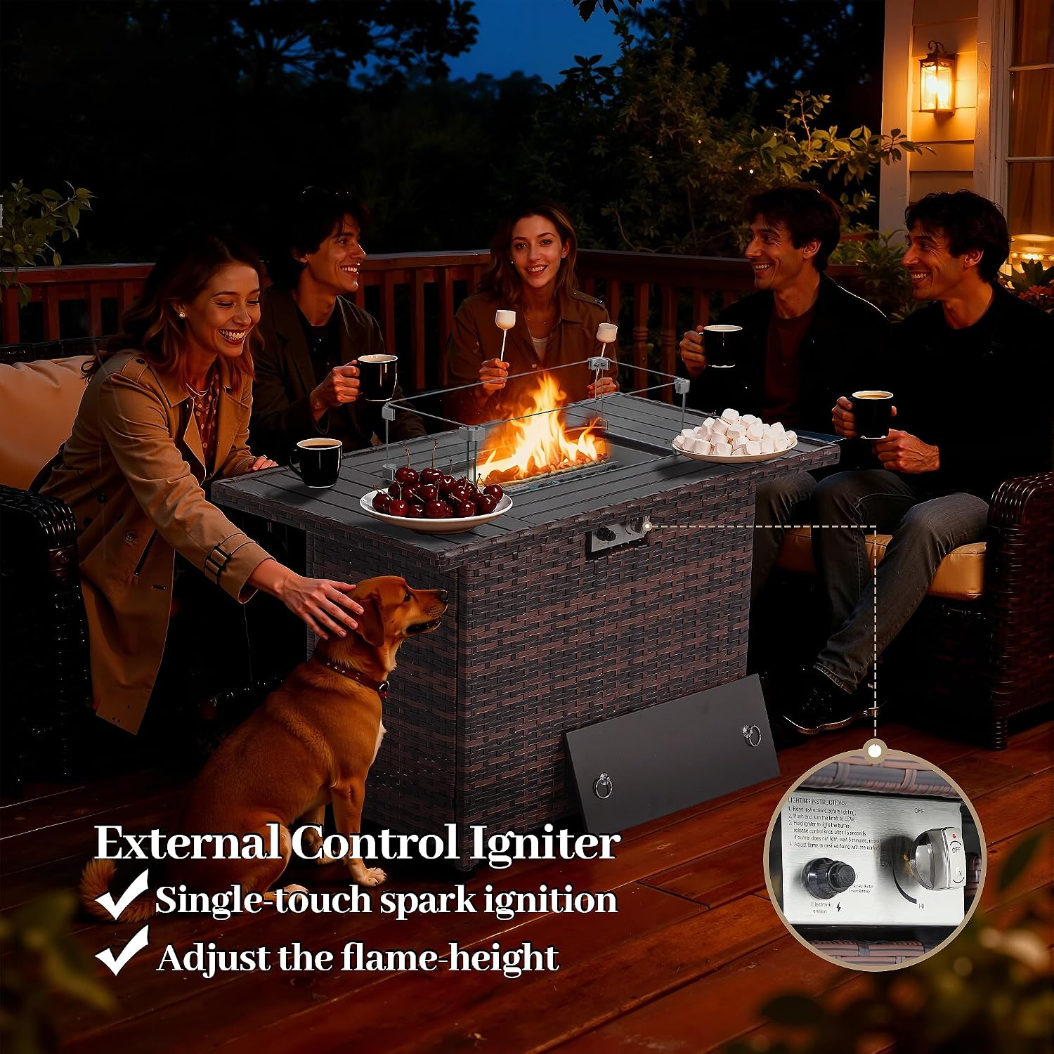 EortheX 44 Inch Propane Fire Pit, Steel Gas Fire Feature Table with Iron Lid,Glass Rock, Rain Cover and Tempered Glass Wind Guard for Outside Garden Backyard Deck Patio