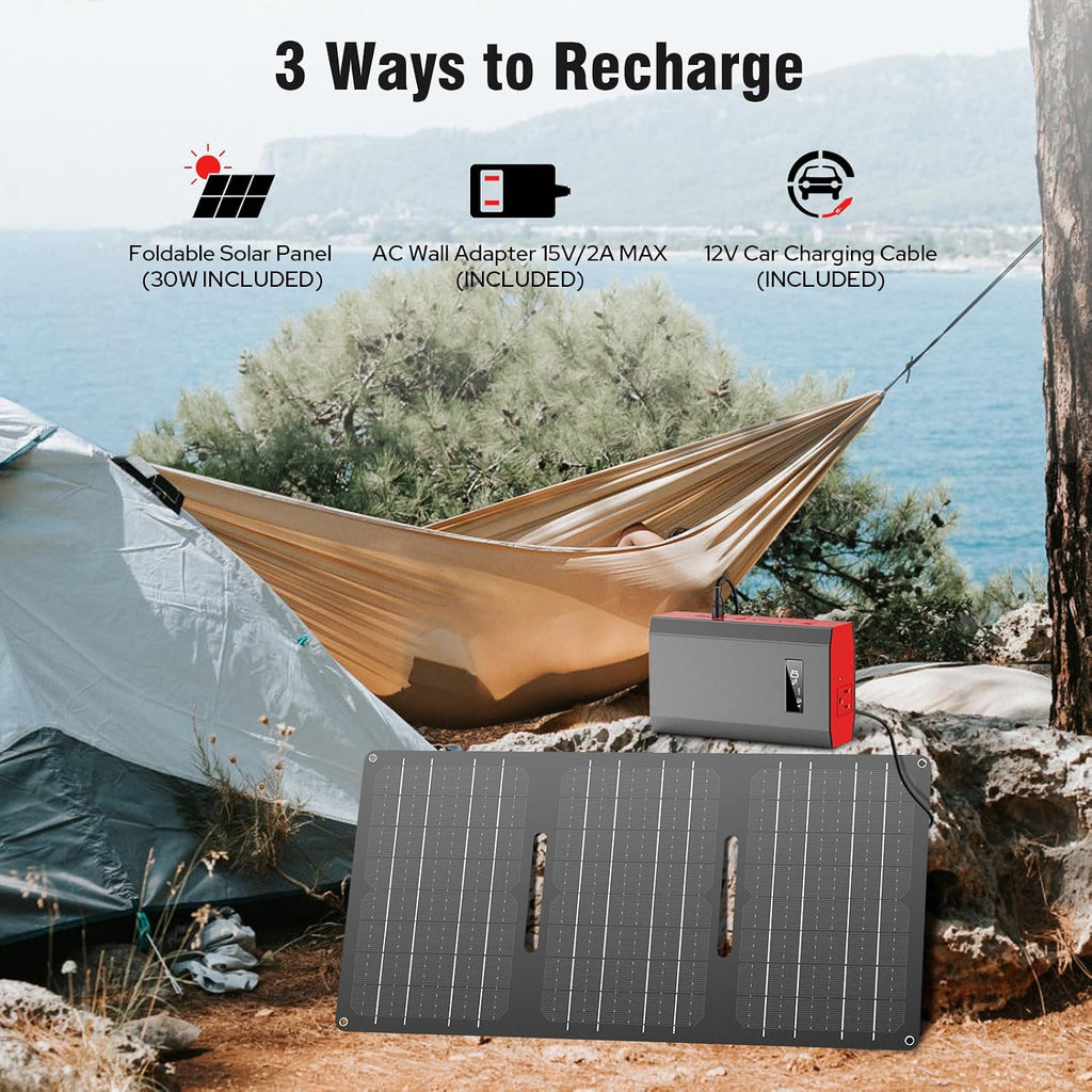 100W Portable Power Station with Foldable Solar Panel, 110V Camping Power Bank with AC Outlet, Rechargeable Battery Solar Generator Power supply for Smart Device Outdoor RV Travel, Emergency Backup