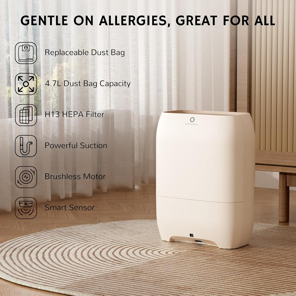 AIRTHEREAL T1 Plus Touchless Vacuum with 6-Pack Disposable 4.7L Dust Bags, Pull-and-Toss Design, Ideal Electric Dustpan for Home, Household Owner