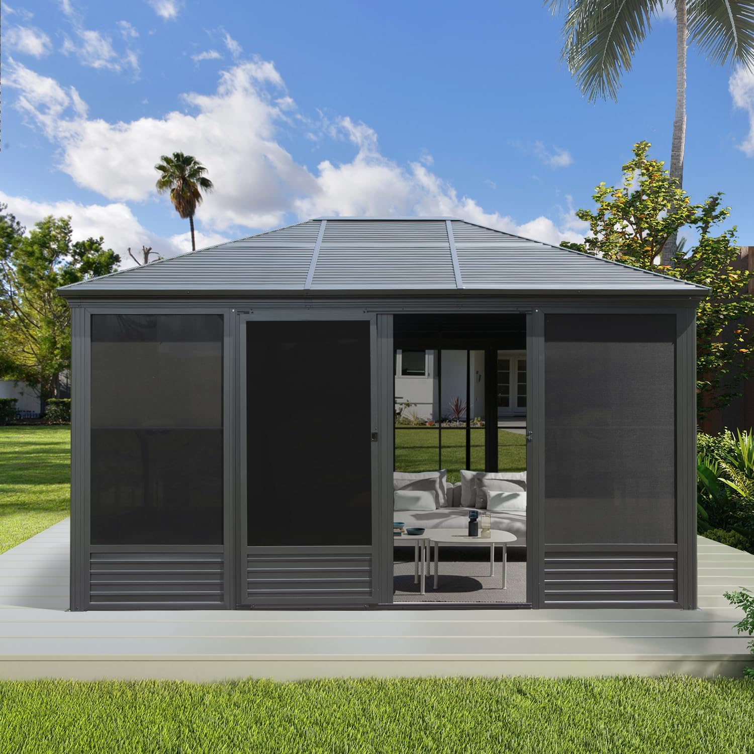 Domi 11x15FT Outdoor Sunroom Gazebo, Aluminum Solarium with Galvanized Steel Sloping Roof, Detachable PE Screens, 2 Sliding Doors, Permanent Sun Room Hardtop Screen House for Patio Deck Garden