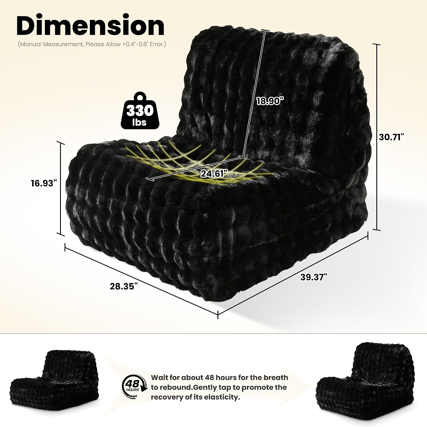 ovios Bean Bag Chair for Adult, Giant Beanbag with Plush Faux Fur, Comfy Large Big Lounger Floor Lazy Chair for Indoor Fireside Living Room Bedroom Dorm, Black