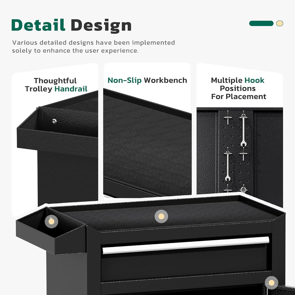 Greenvelly Tool Chest, 5-Drawer Rolling Tool Chest with Hooks and Lockable Wheels, Detachable Top Tool Box, Toolbox with Wheels, Rolling Tool Box for Mechanics Garage Workshop and Tool Room (Black)