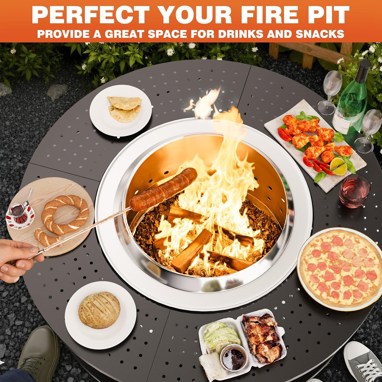 Fire Pit Surround Tabletop for Solo Stove Yukon 1.0 & 2.0, 48' Fire Pit Surround Tabletop with Wood Storage Shelf,Powder-Coated Steel Surround Tabletop with Extra Space