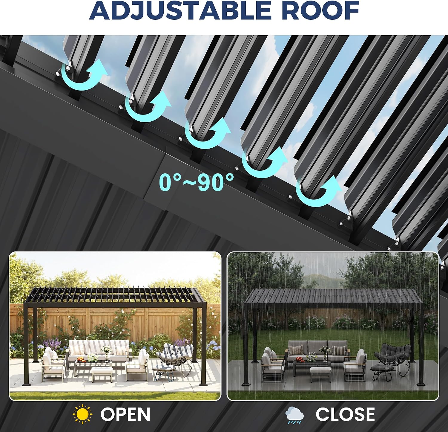 12' x 16' Louvered Pergola, Outdoor Pergola with Metal Adjustable Louvered Roof & Gutter System, Hardtop Patio Gazebo for Backyard, Patio, Garden, Dark Gray