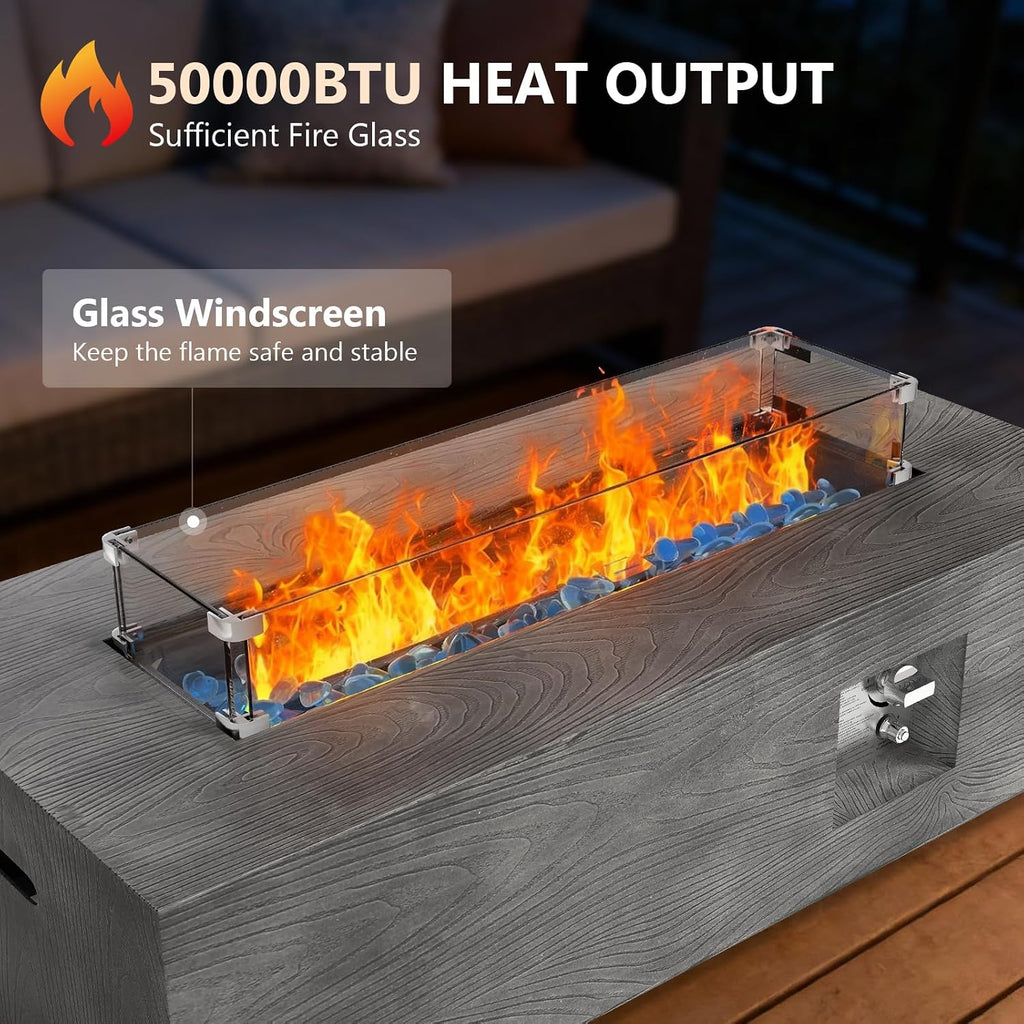 Dineli 2-Piece Outdoor Propane Fire Pit Table Set w Tank Table 42'' Rectangular Firepit with 50,000 BTU Output Gas Fire Pits for Outside Patio Fire Table Tabletop Fire Pits, Gray - Wood Grain