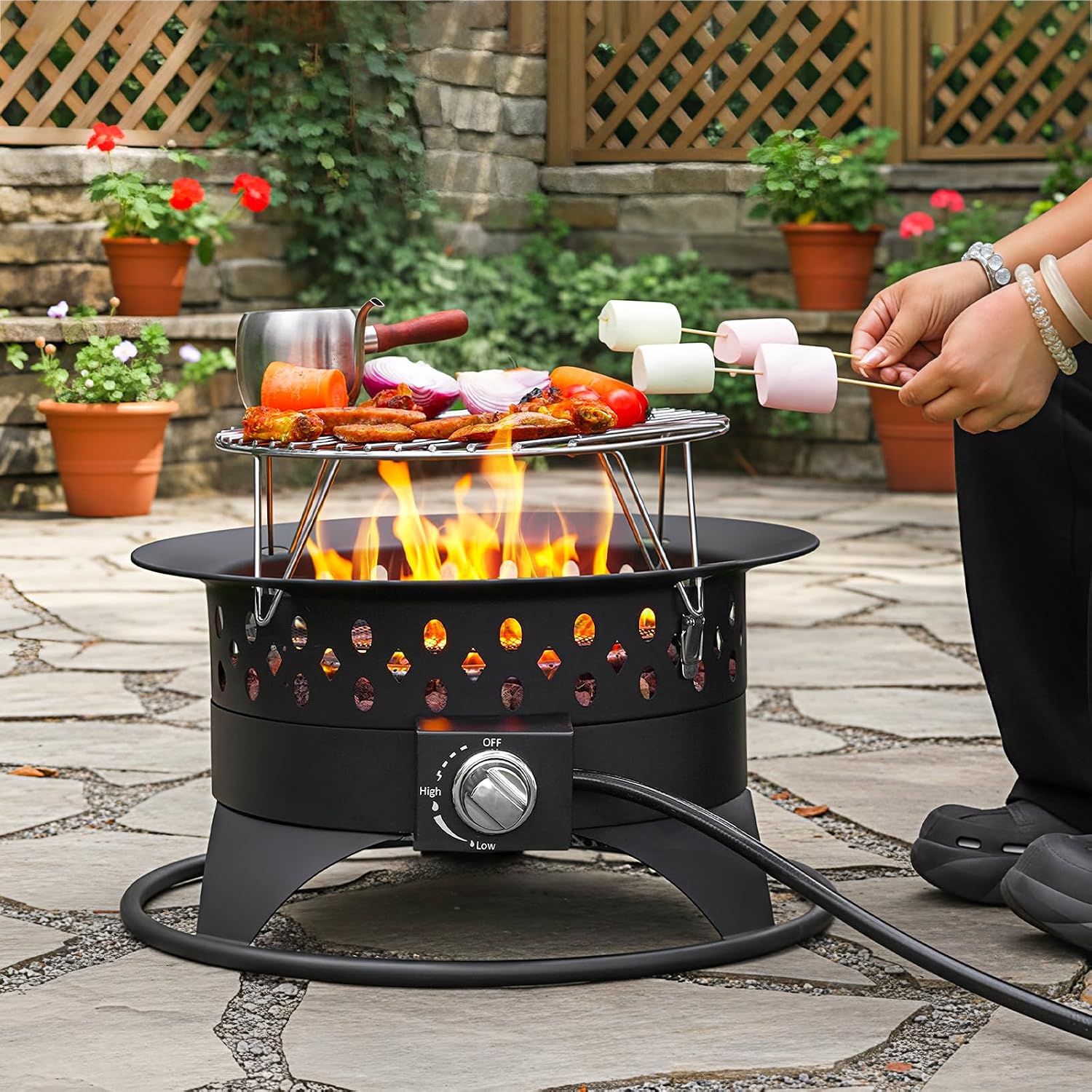 Breezz 20' Outdoor Fire Pit with Grill, 60000 BTU Smokeless Firepit, External Propane Required, Foldable Cooking Grate, Adjustable Flame, Patio Camping BBQ