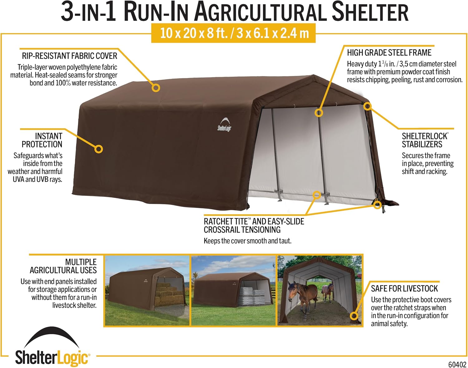 ShelterLogic 10' x 20' x 8' 3-in-1 Run-in Outdoor Animal Shelter with Waterproof Cover, All-Weather Outdoor Storage Shed for Animals, Agriculture, and Farm Equipment, Brown