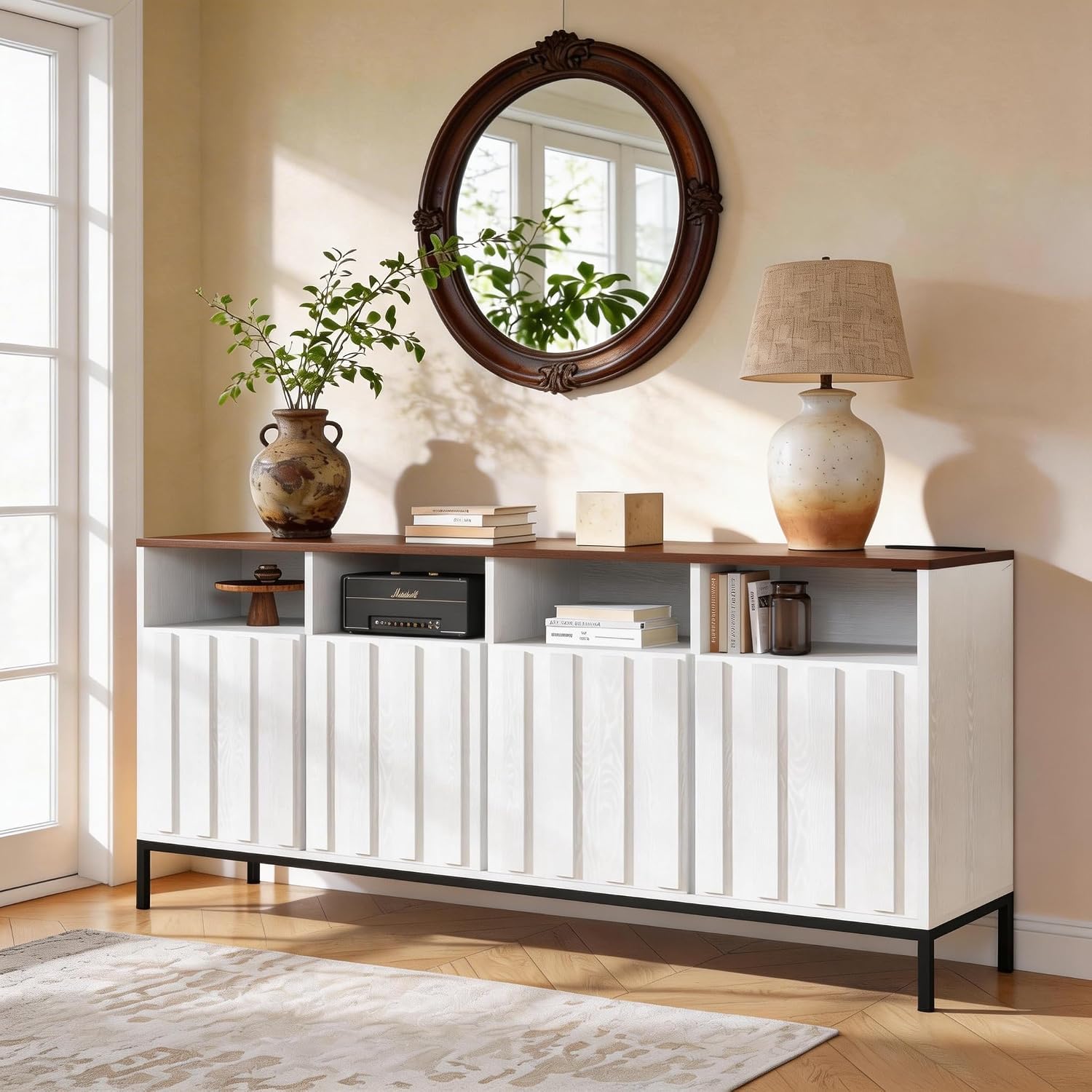 COCO DESIGN 70' Fluted TV Stand with Power Outlet for TVs up to 80', Modern Entertainment Center with Adjustable Shelves, Media Console Table with Storage for Living Room, White