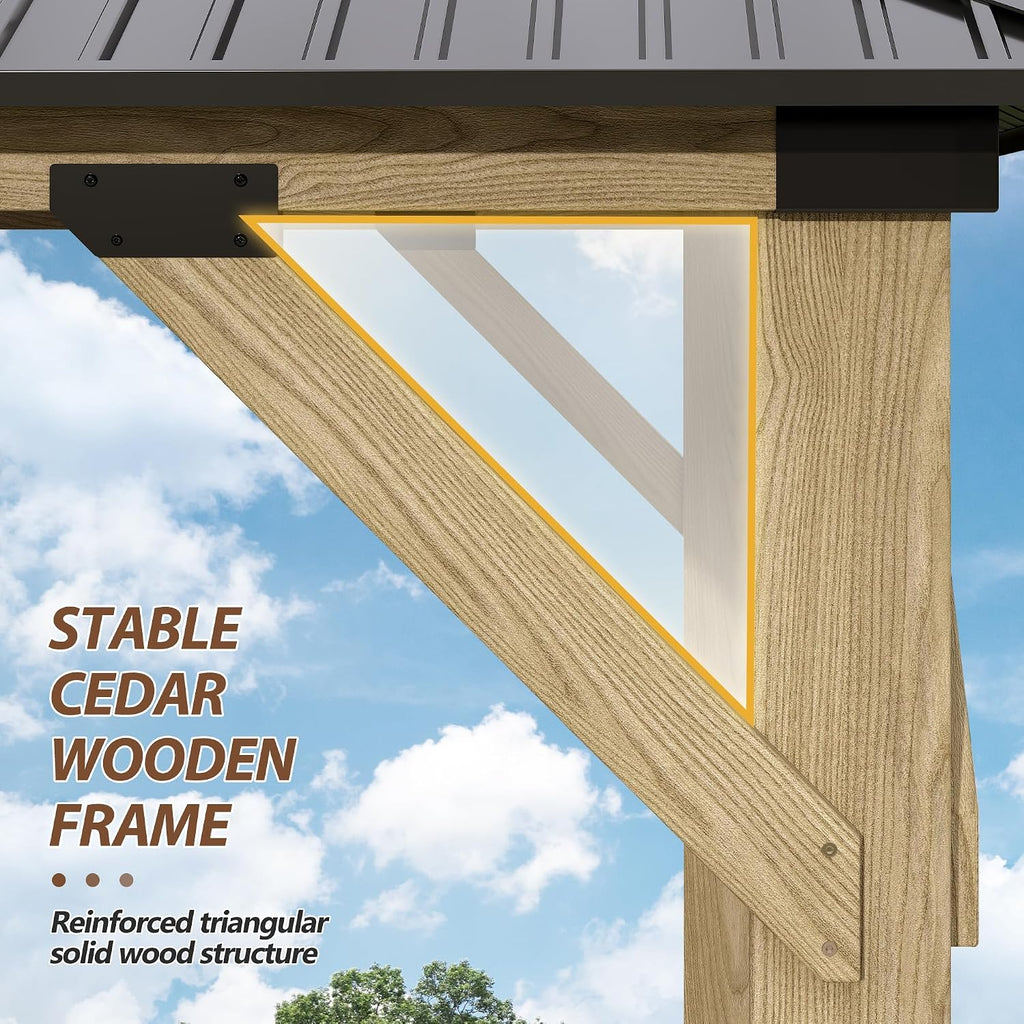 11x13 FT Wood Gazebo,Outdoor Wooden Hardtop Gazebo with Galvanized Steel Doule Roof,Cedar Wood Frame Gazebos Patio Backyard Deck