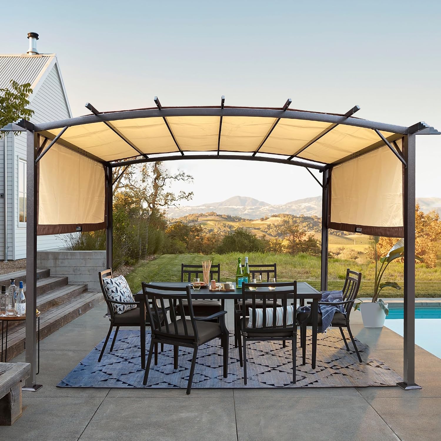 12' x 9' Ft. Outdoor Patio Retractable Canopy Gazebo Metal Pergola with Adjustable Shade (Beige)