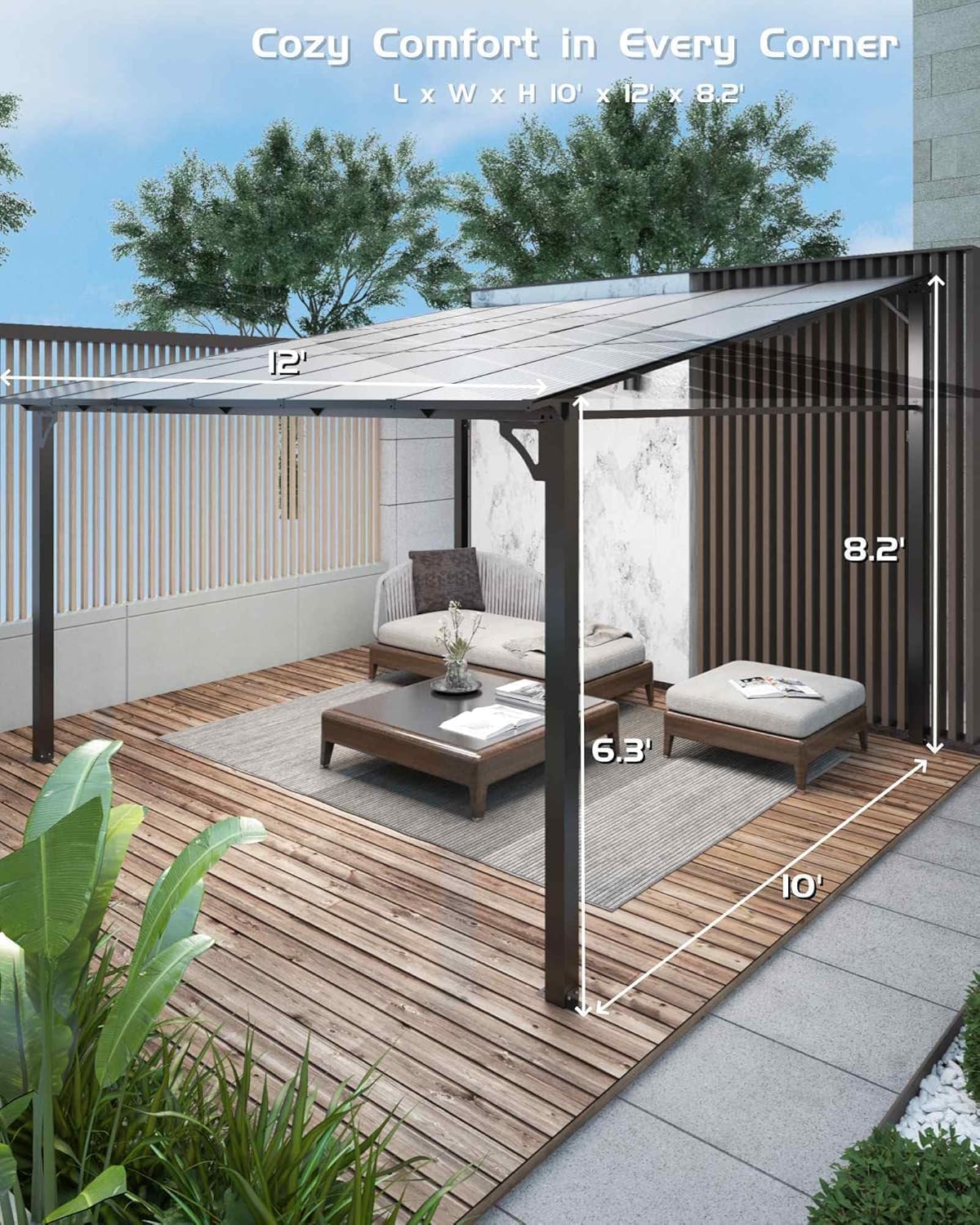 10x12 FT Gazebo for Patio, Wall Mounted Lean to Hardtop Gazebo Pergola with 6Mm Sloped Roof Heavy Duty Awnings for Porch, Decks, Backyard to Shade & Rain