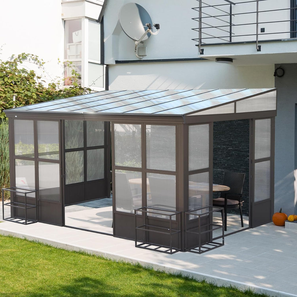 Domi 10x14FT All Season Sunroom, Outdoor Permanent Wall Mounted Solarium with Detachable Polycarbonate Windows, Aluminum Lean to Gazebo Sun Room with 2 Lockable Sliding Doors for Garden Patio Deck