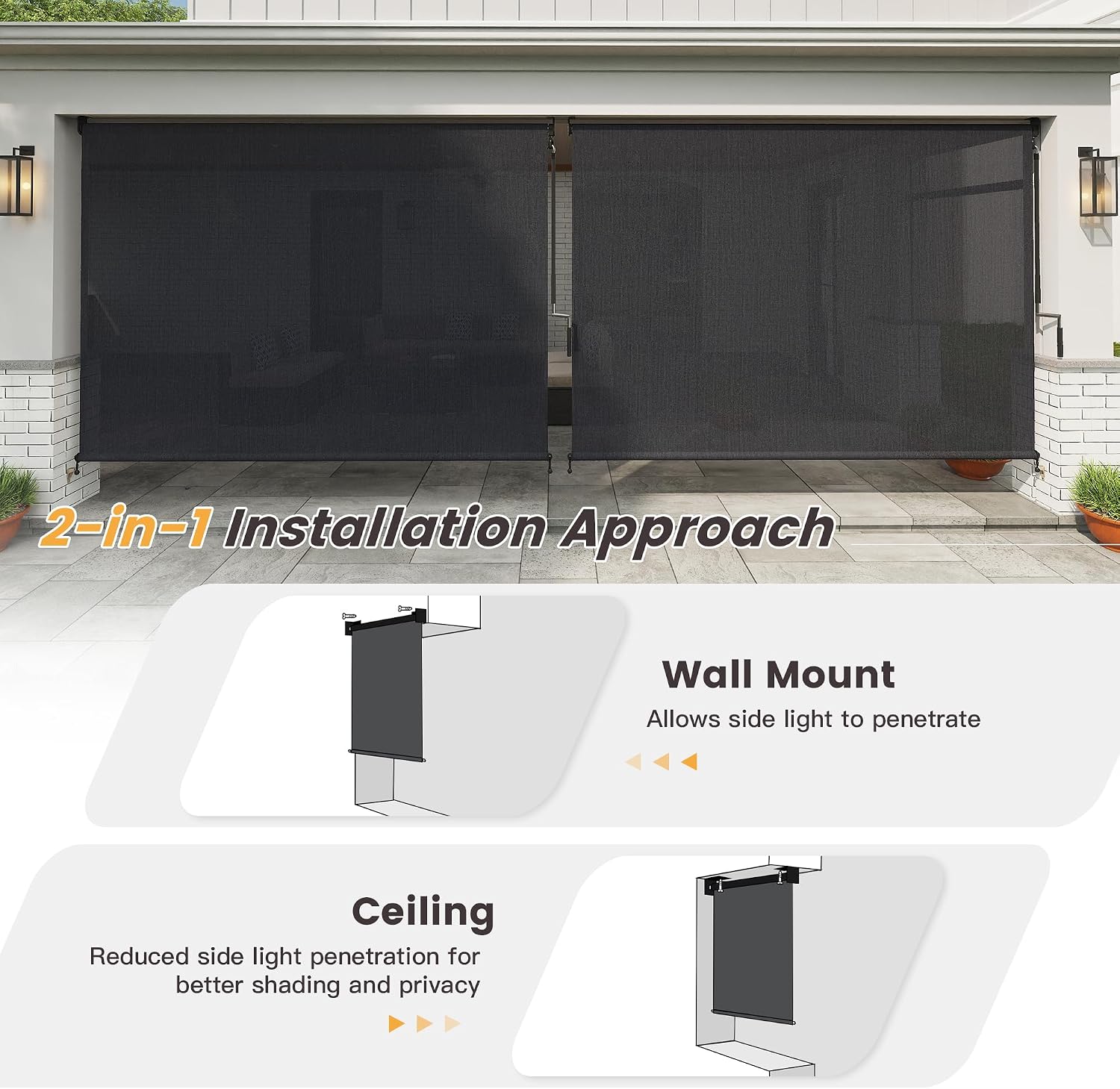 VICLLAX Outdoor Cordless Roller Shade 9' W x 8' H, Patio Shade Roll Up Outdoor Blinds for Front Porch, Graphite Black