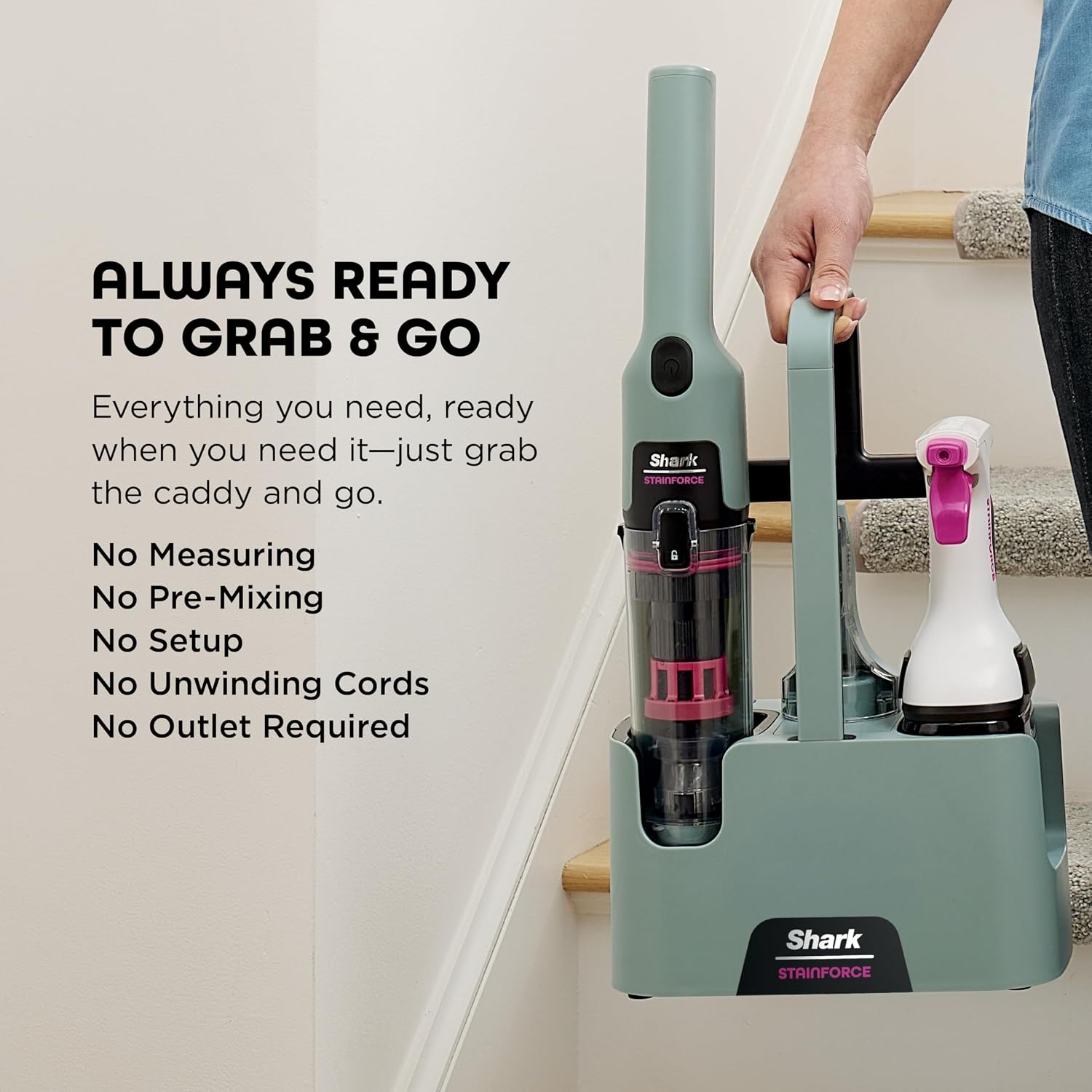 Shark StainForce Cordless Portable Spot, Stain, & Odor Remover System for Carpets, Area Rugs, Upholstery, Stairs, with Storage Caddy, Accessories, and Full-Size Cleaning Solution, Sage Green, HX101