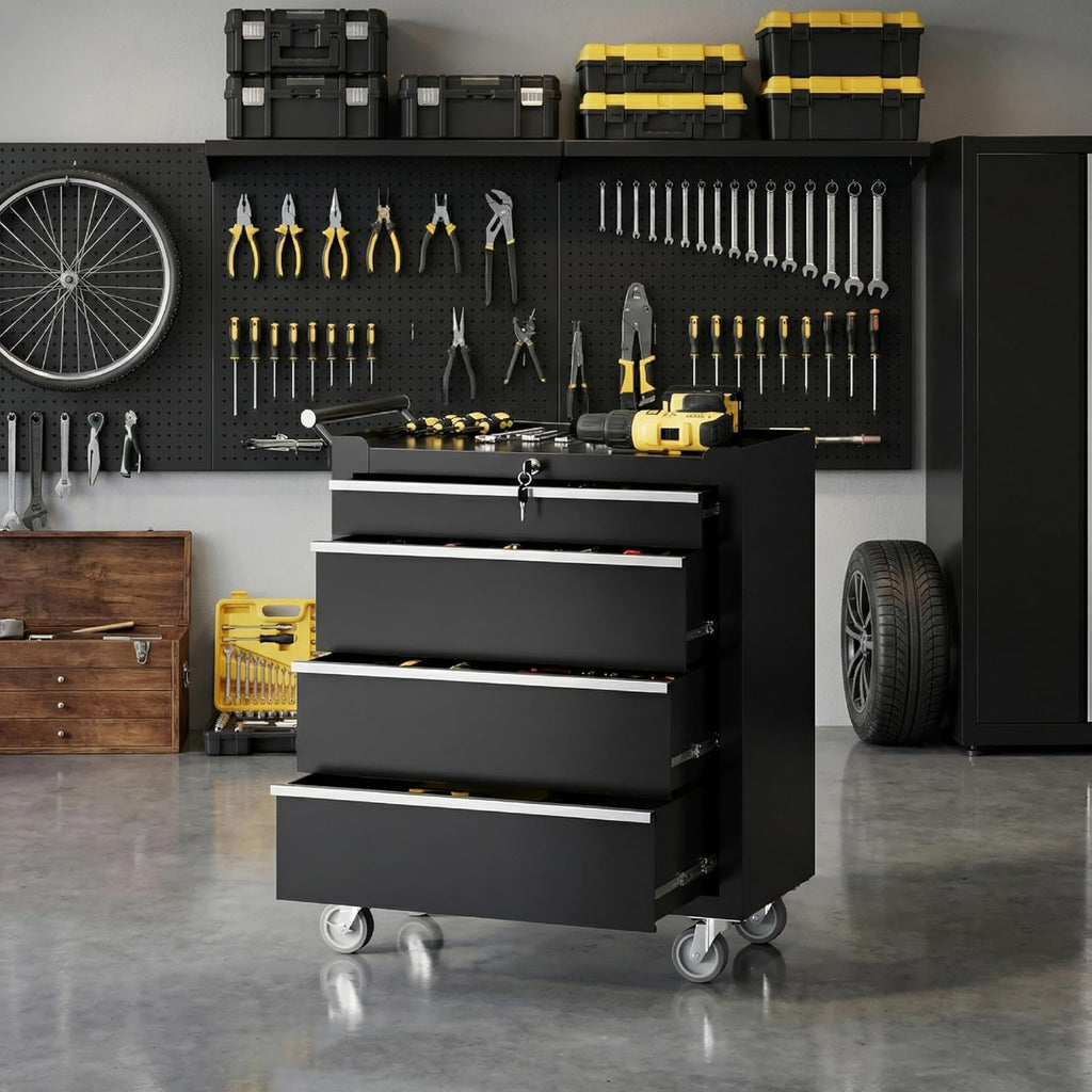 GarveeTech 24' 4-Drawer Tool Chest, Rolling Tool Cabinet with Wheels and Lock System, Portable Storage Rolling Tool Chest for Warehouse, Workshop & Repair Shop, Black