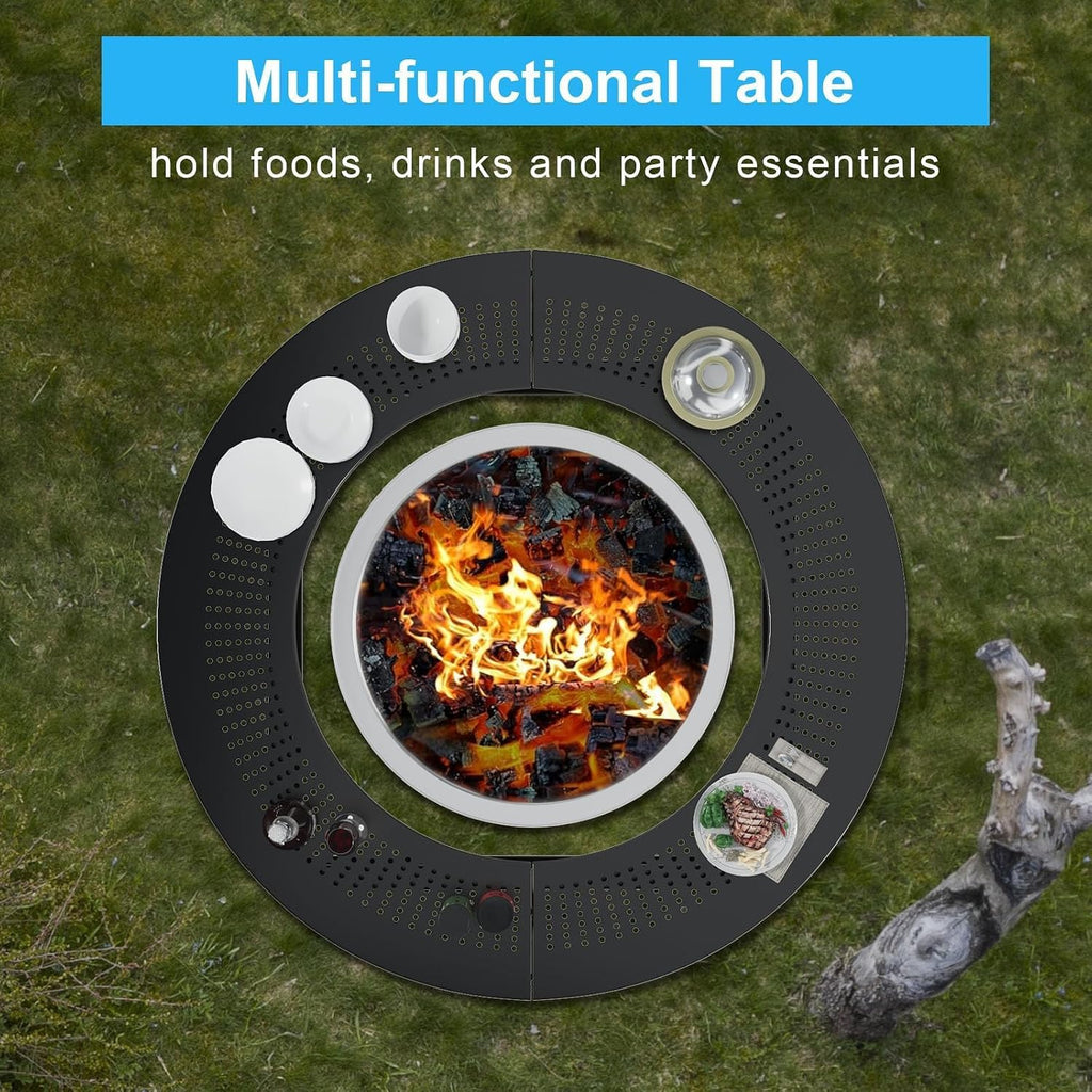 LS'BABQ 40' Fire Pit Surround Tabletop with Waterproof Cover for Solo Stove Bonfire & Ranger, Round Outdoor Fire Pit Table for Most Wood-Burning Stoves Under 22' Dia for Camping, Powder-Coated Steel