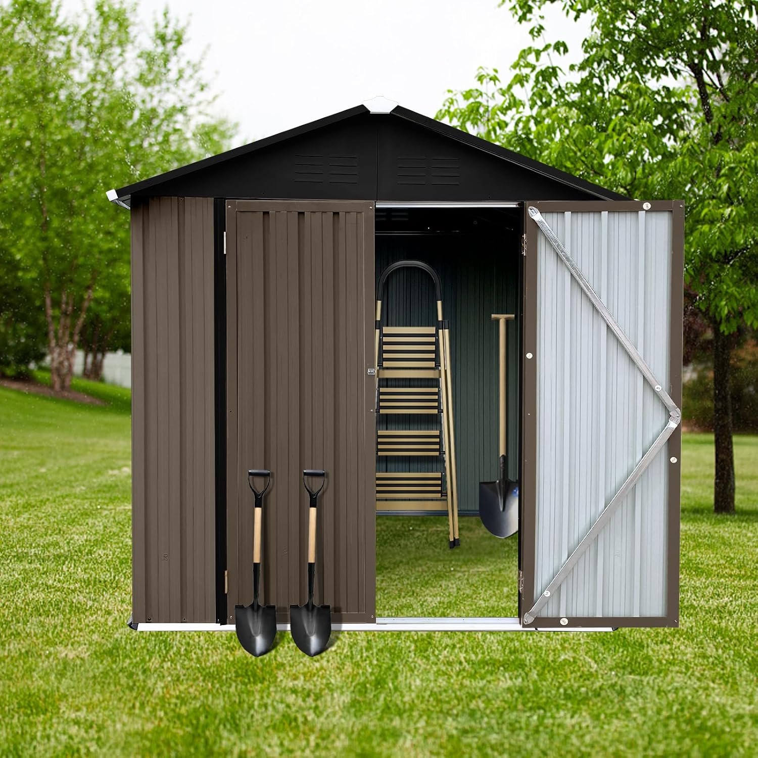 Shed with Windows,Large Metal Outdoor Storage Shed, Lockable Tool Storage shed, Steel Garden shed, Suitable for Backyard, Terrace, and Poolside (Roof Brown+Black, 6FTx4FT)