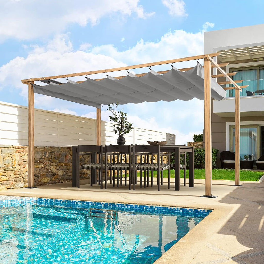 HAPPATIO 10' X 13' Wood-Grain Aluminum Pergola - Adjustable Sun Shade Canopy with Retractable Roof for Backyard, Deck, Patio, by The Pool（Gray）