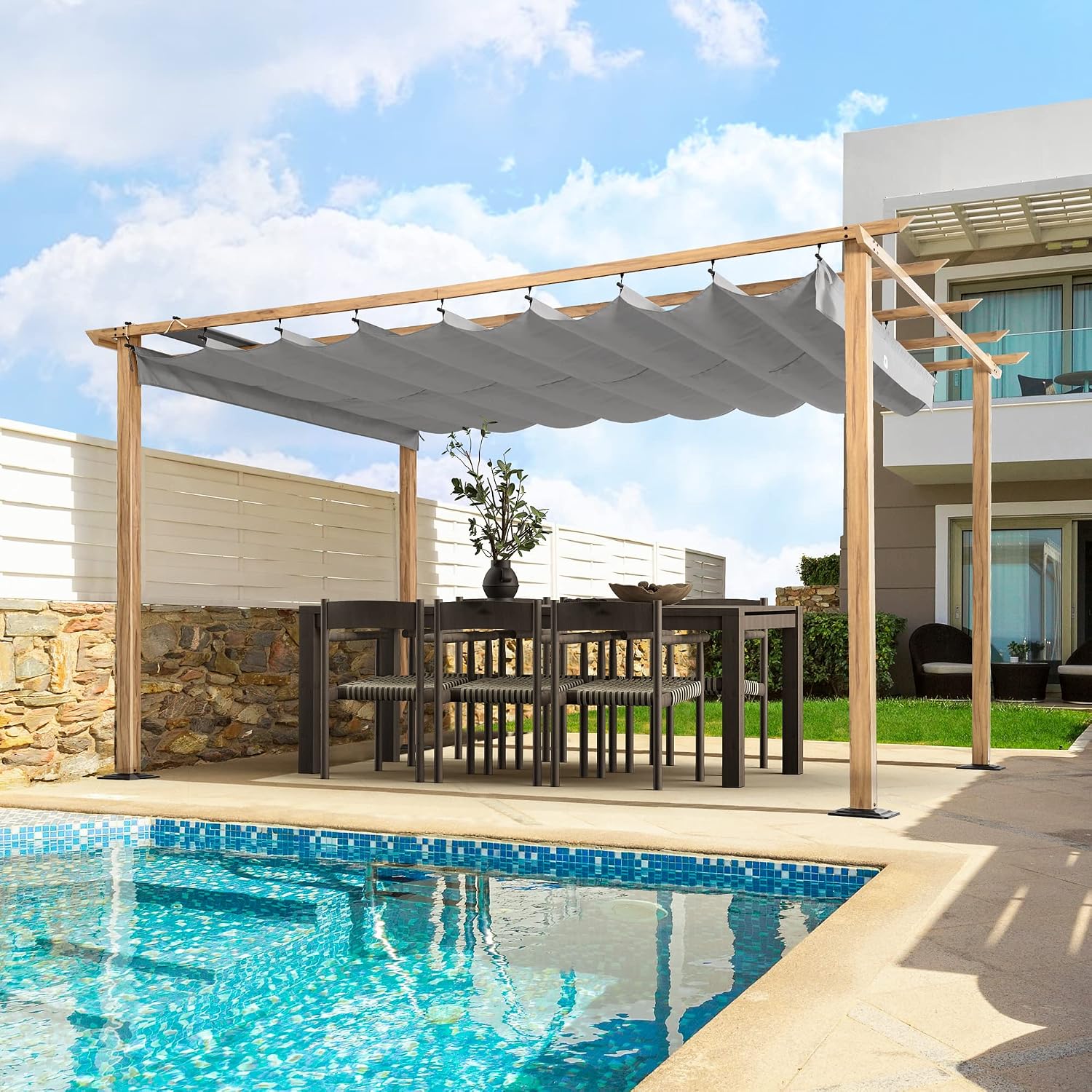 HAPPATIO 10' X 13' Wood-Grain Aluminum Pergola - Adjustable Sun Shade Canopy with Retractable Roof for Backyard, Deck, Patio, by The Pool（Gray）