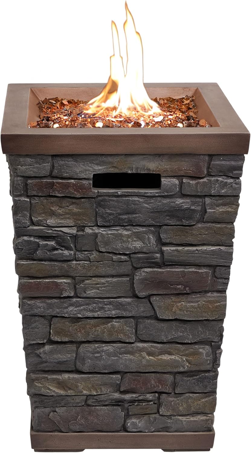 Alpine Corporation GXT966 Stone Look Column Gas Fire Pit with 32K BTU and Adjustable Flame, Cozy Patio Decor, 29' H, Multicolor