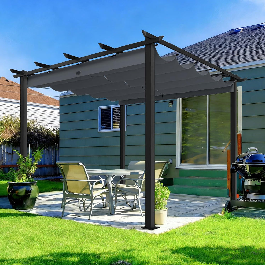 HAPPATIO 10' X 10' Retractable Pergola with Sun Shade Canopy, Patio Aluminum Frame Shelter for Backyards, Gardens, Porch, Includes Ground Studs and Expansion Screws (Grey)