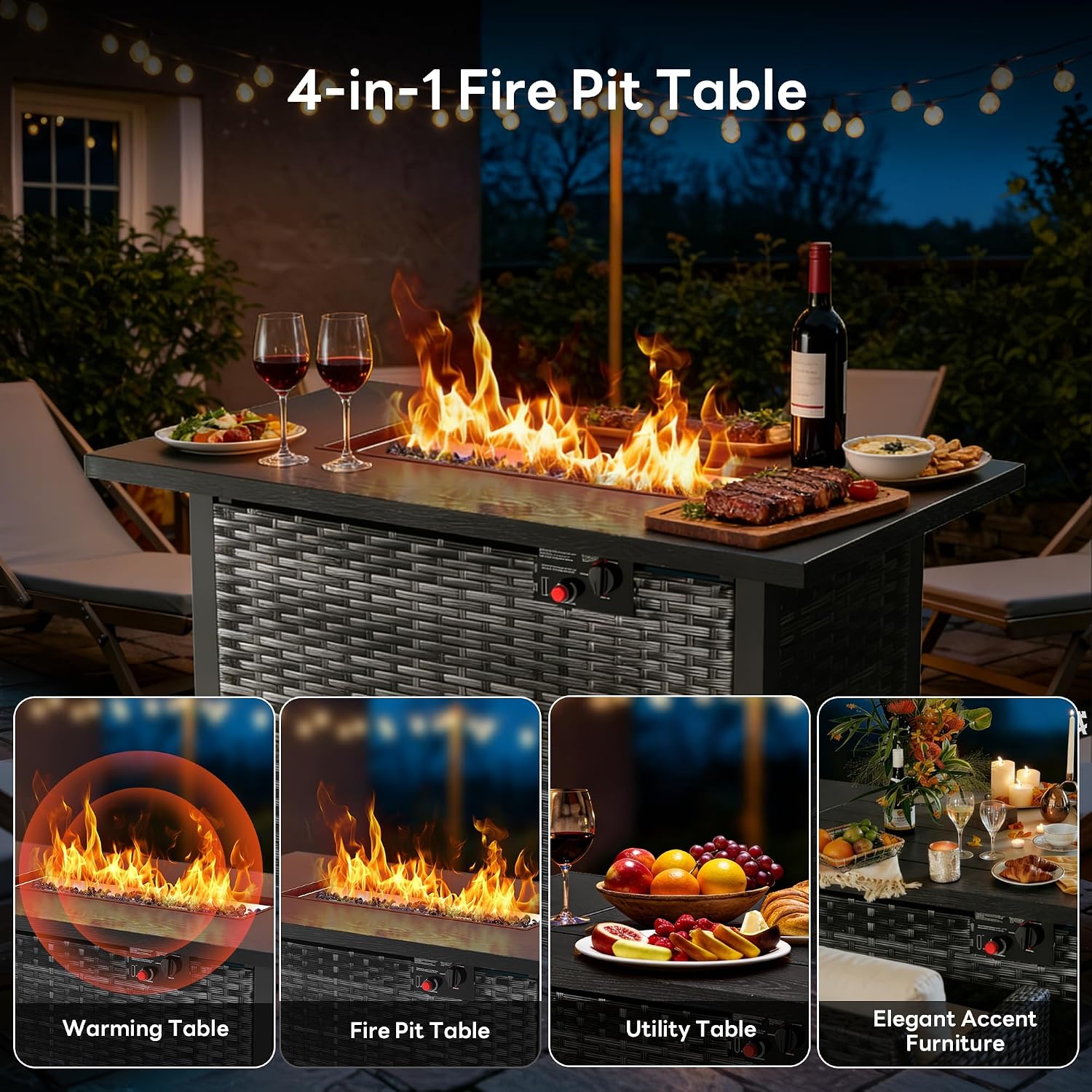 43' Outdoor Propane Fire Pit Table, 50,000 BTU Square Rattan Gas Fire Pit with Lid & Blue Crystal Stones, Steel Tabletop, Adjustable Flame, 4-in-1 FirePit Table for Patio, Backyard, Outdoor Gatherings