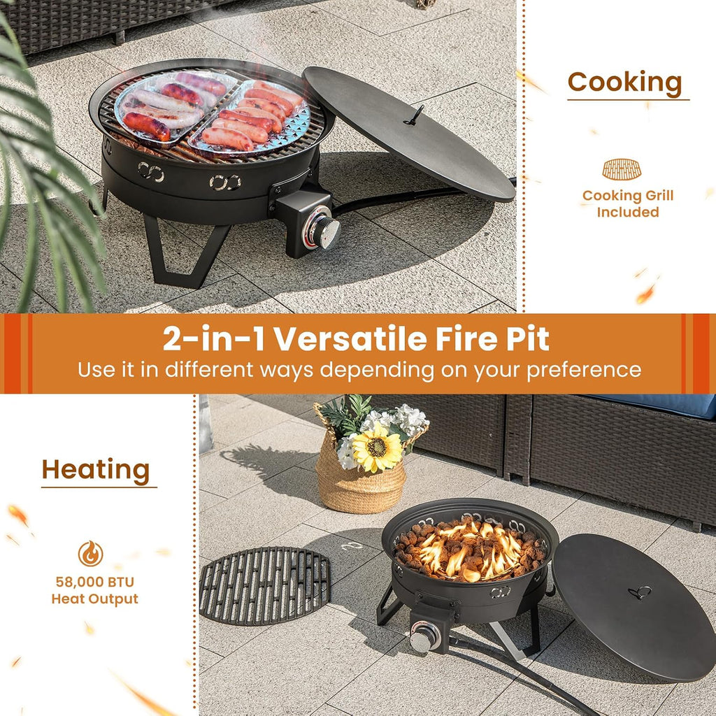 Tangkula 17 Inch Tabletop Propane Fire Pit, 58,000 BTU Gas Firepit with Folding Legs & Removable Grill, Carrying Bag, Lava Rocks & Tank Seat Included, Portable Fire Bowl for Backyard, Camping