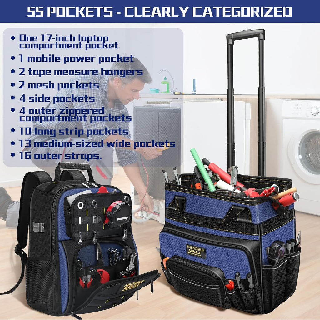 AIRAJ 21' Rolling Tool Bag with Wheels & 18' Tool Backpack Set | Adjustable Telescoping Handle | Waterproof Tool Bag | Tool Backpack Heavy Duty | 1680D Oxford Cloth | USB Charging Port | 55 Pockets