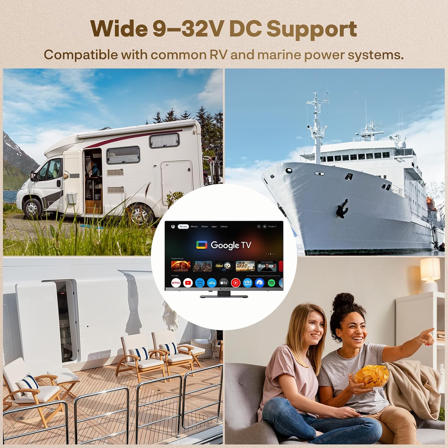 SYLVOX RV TV, 12V QLED TV with DVD Player Built-in, 22 Inch Smart Television for Camper, 12 Volt DC Power Low Energy Consumption, HD 1080P, Bezel Less Design