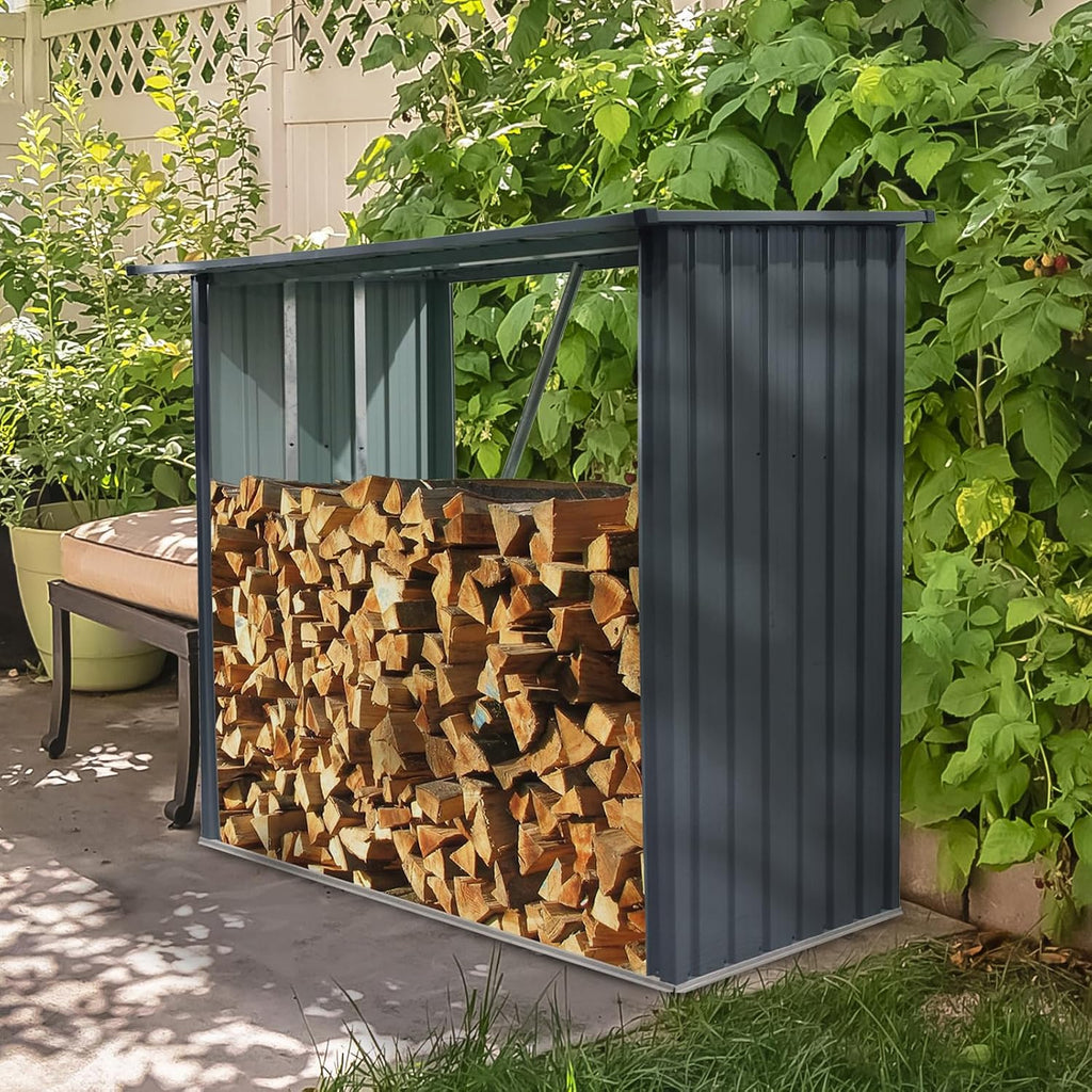7.1 * 2.5FT Large Outdoor Steel Firewood Rack with Sloped Roof, Heavy Metal Wood Storage Shed for Logs, Pellets & Lumber
