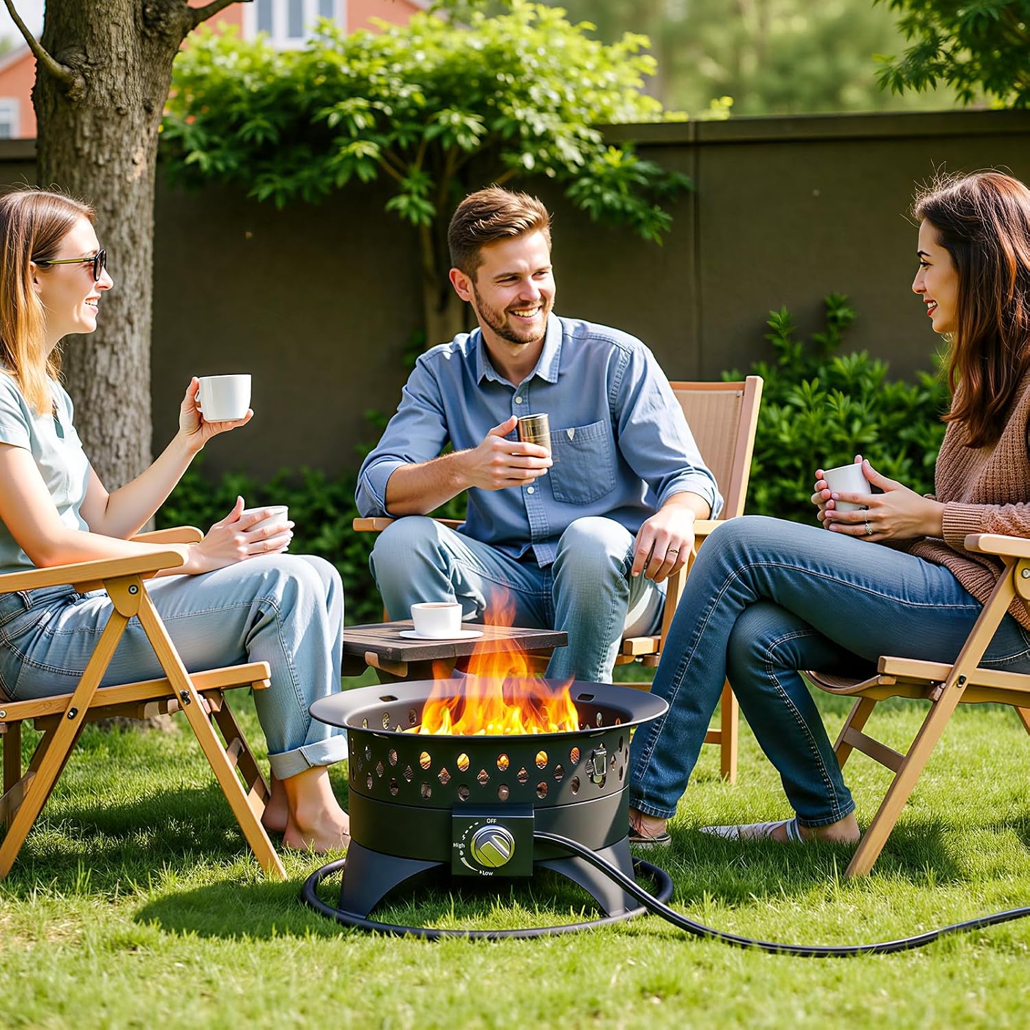 Breezz 20' Outdoor Fire Pit with Grill, 60000 BTU Smokeless Firepit, External Propane Required, Foldable Cooking Grate, Adjustable Flame, Patio Camping BBQ