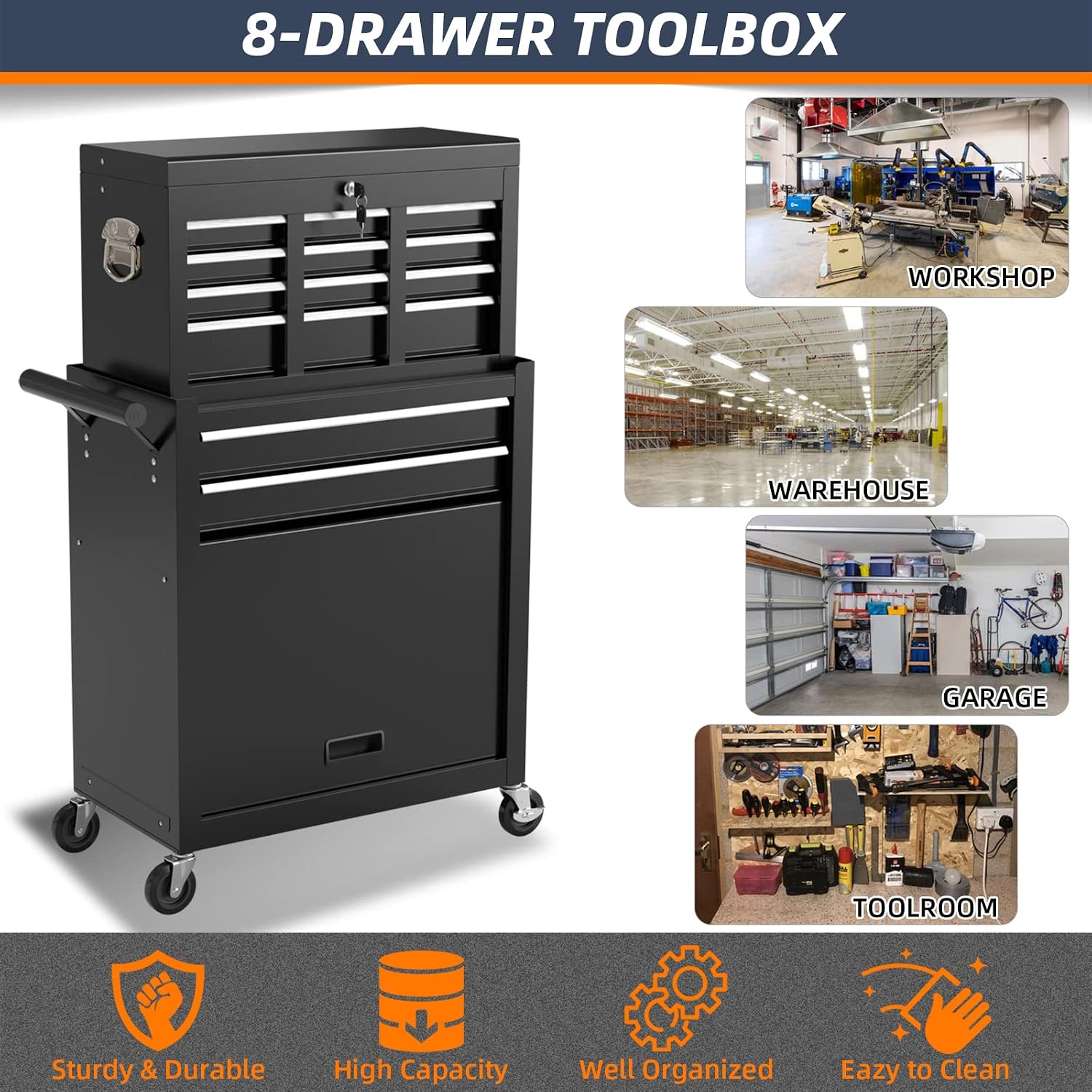 8-Drawer Rolling Tool Box, Lockable Rolling Tool Chest with Wheels and Drawers, 2 in 1 Large Capacity Storage Tool Cabinet for Warehouse, Garage, Tool Room and Repair Shop (Black)