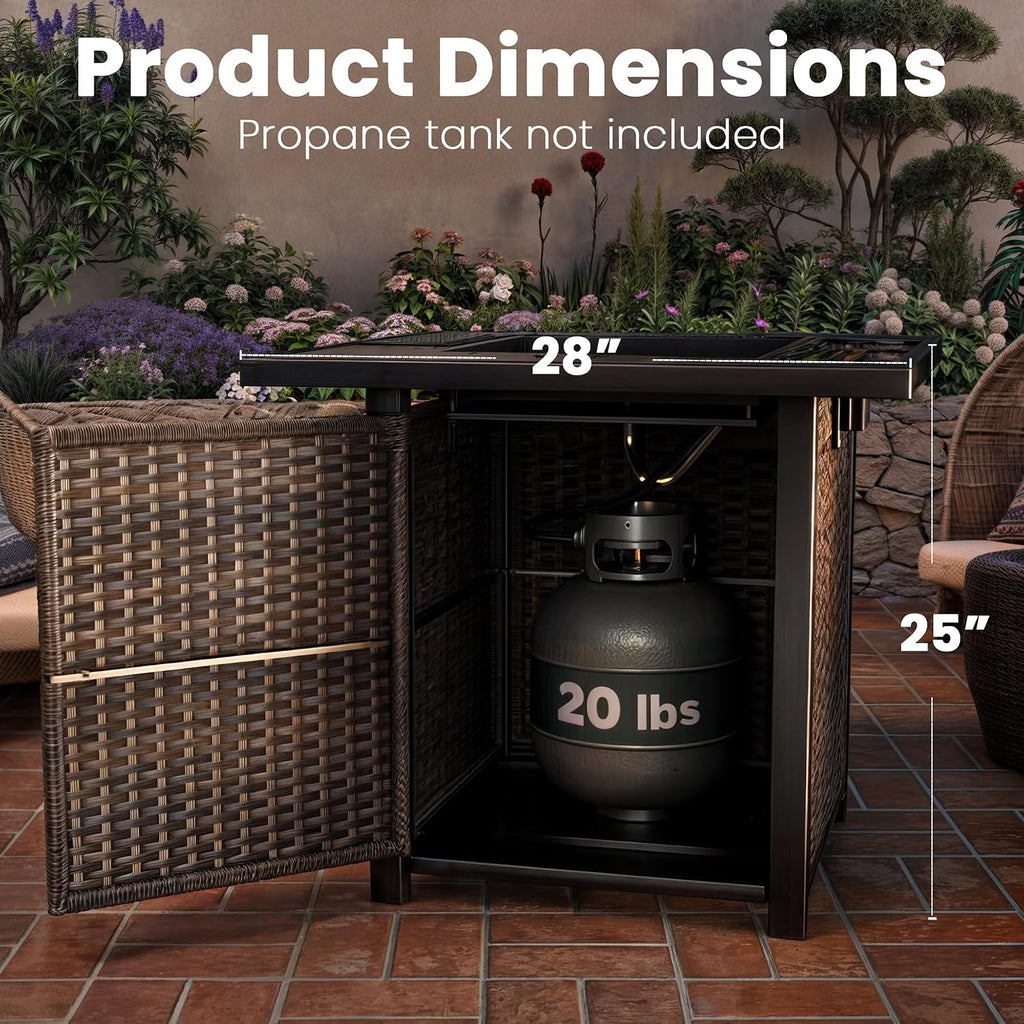 Propane Outdoor Fire Pit Table, 28' Rattan Square Fire Pit Table, Outdoor Gas FirePit W/Glass Wind Guard, Tempered Glass Tabletop, Lid, CSA Listed, 50,000 BTU, Outside Patio Deck & Garden, Brown