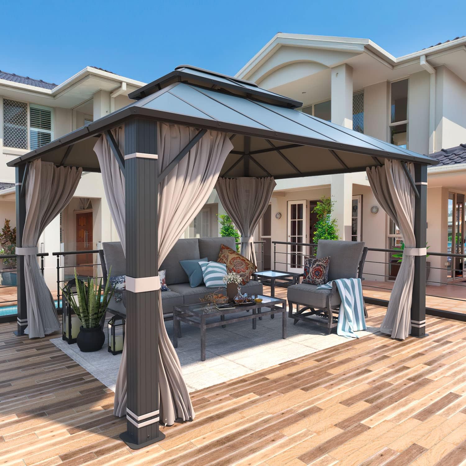 YOLENY 10' x 12' Hardtop Gazebo, Permanent Outdoor Aluminum Patio Gazebo with Aluminum Composite Double Roof for Patio Lawn and Garden, Curtains and Netting Included