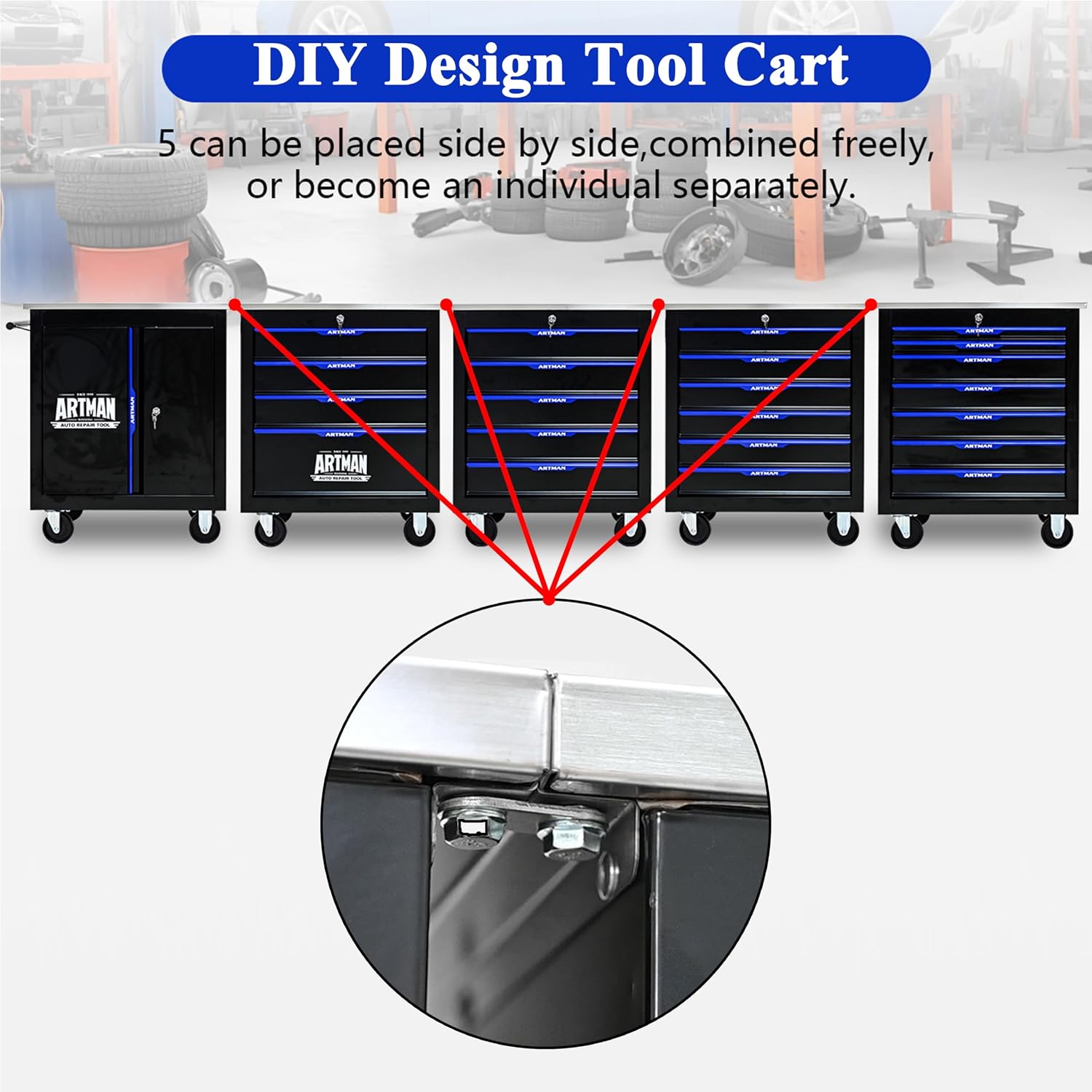 2-Door 2-Shelf Rolling Tool Chest with Stainless Steel Countertop,Tool Chest with Secure Locking System,Mobile Storage Tool Cabinet with 360°Wheels and Padded Feet,for Home,Garage(Black+Blue)