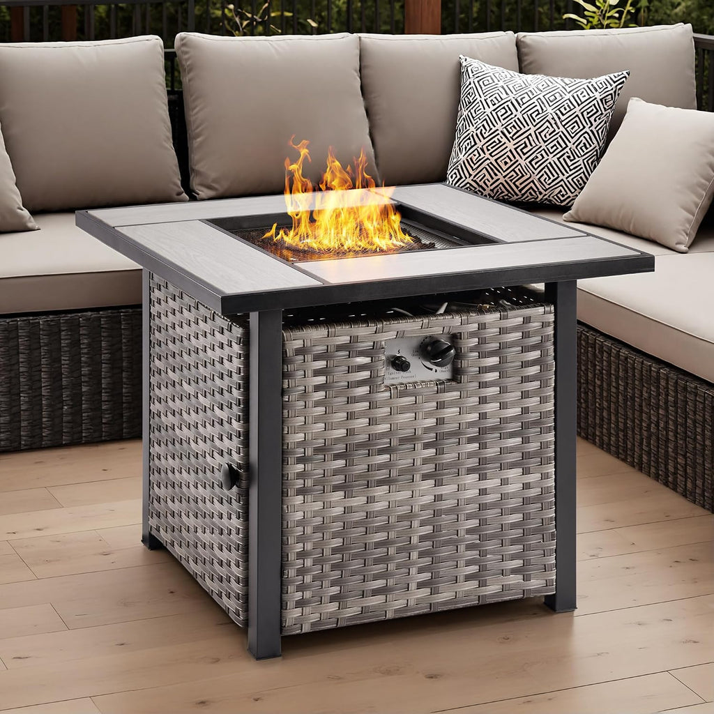 OVIOS 30 Inch Outdoor Patio Fire Pit Table, 50,000 BTU Heater PE Rattan Propane Firepits with Ceramic Tabletop, Waterproof Cover, Steel Lid and Lava Rock, Square, Grey