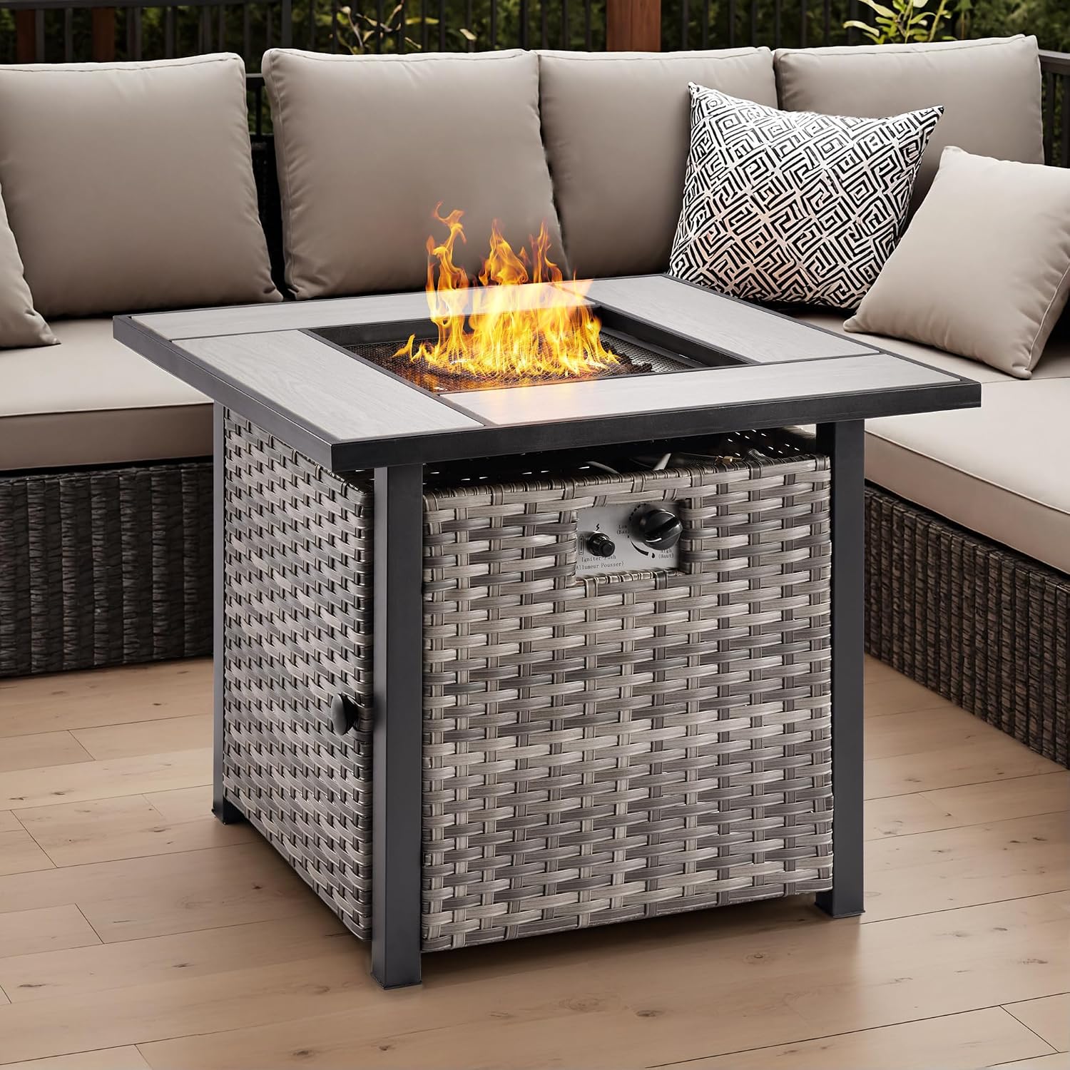 OVIOS 30 Inch Outdoor Patio Fire Pit Table, 50,000 BTU Heater PE Rattan Propane Firepits with Ceramic Tabletop, Waterproof Cover, Steel Lid and Lava Rock, Square, Grey