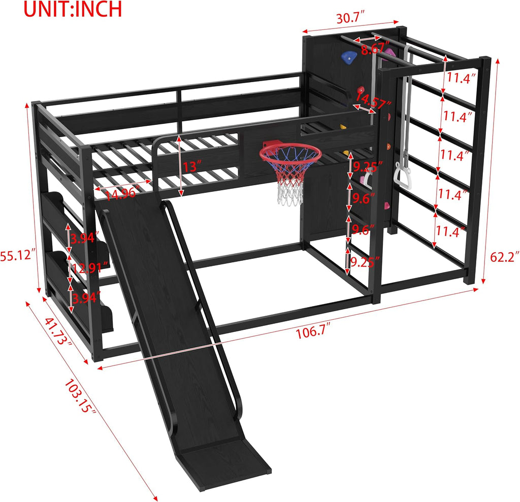 SOFTSEA Twin Size Metal Loft Bed with Slide, Heavy Duty Bunk Bed with Basketball Hoop, Climbing Wall & Pull Up Rings for Kids Teens Adults, Basketball Slide Bed, No Noise, Black