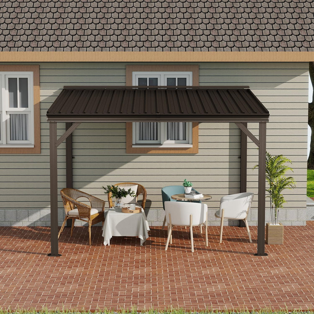 Domi 8'x10' Wall-Mounted Hardtop Gazebo Pergola – Permanent Lean-to Outdoor Shelter with Sloped Galvanized Steel Roof & Upgraded Drainage – Grey Metal Patio Cover for Backyard, Deck, Garden,Brown