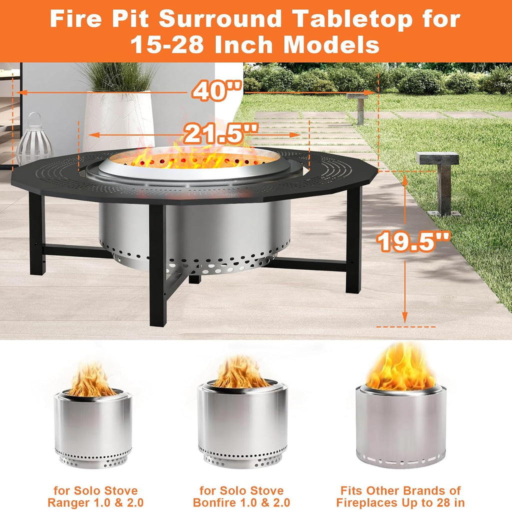 40'' Fire Pit Surround Tabletop with Cover for Solo Stove Bonfire and Ranger, Powder-Coated Steel Surround Table for Safety and Extra Large Space