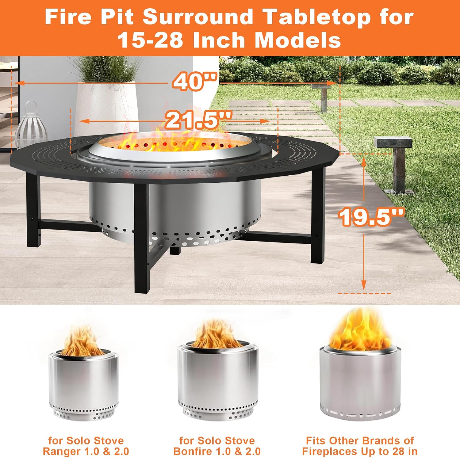 40'' Fire Pit Surround Tabletop with Cover for Solo Stove Bonfire and Ranger, Powder-Coated Steel Surround Table for Safety and Extra Large Space