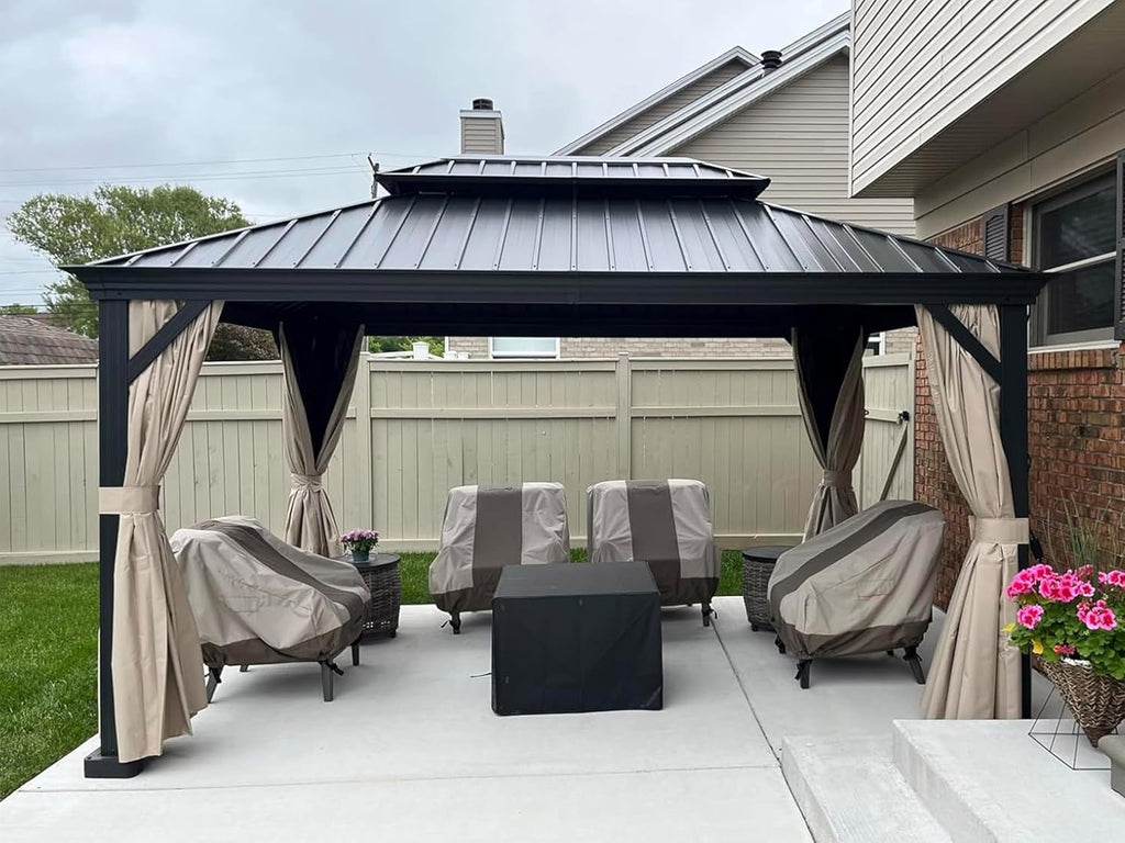 PURPLE LEAF 10' X 14' Aluminum Gazebo with Galvanized Steel Double Roof Permanent Hardtop Gazebo for Patio Lawn and Garden Included Netting and Beige Curtains