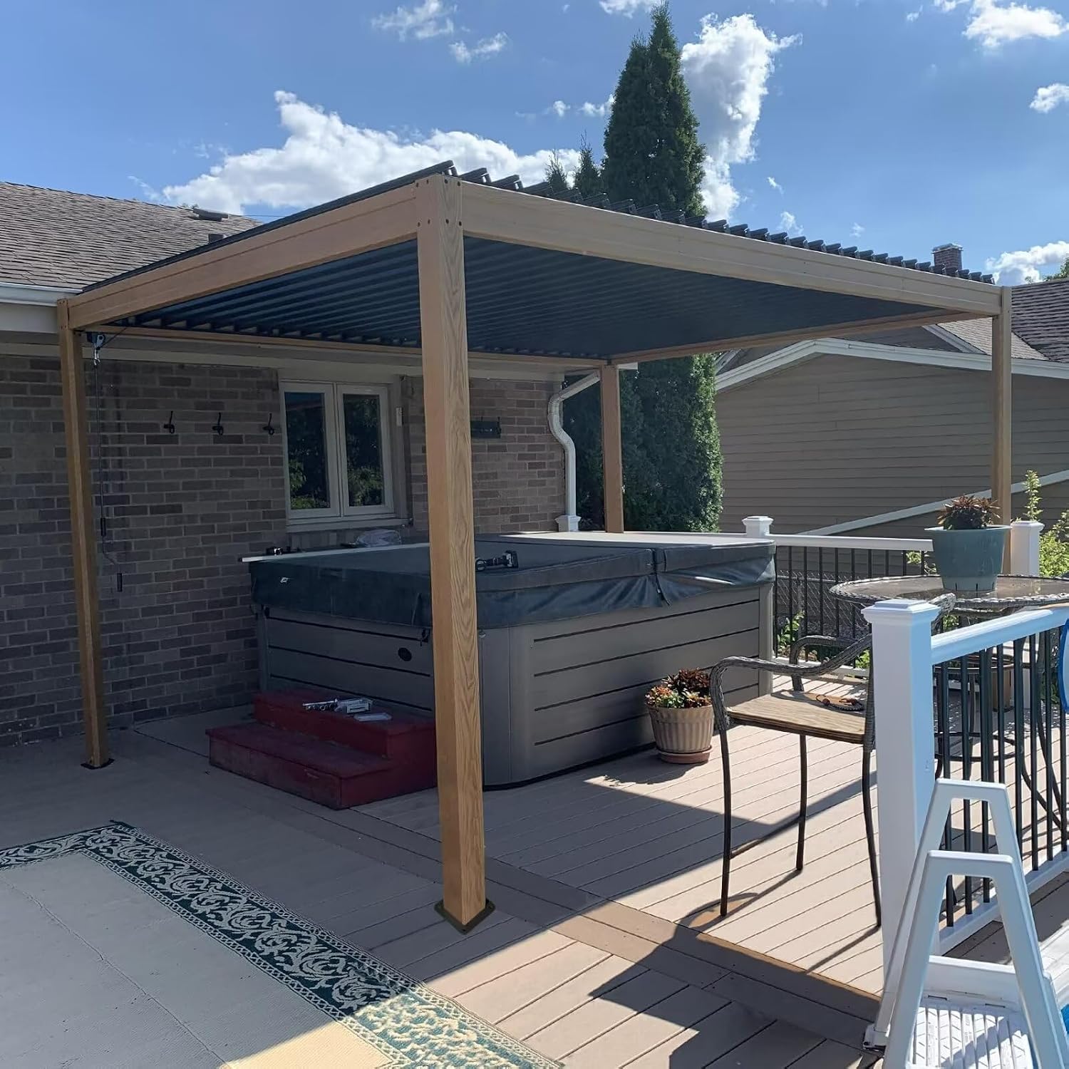 Domi Louvered Pergola 10x13FT, Outdoor Wood Grain Pergola Aluminum Frame with Adjustable Rainproof Metal Roof, Permanent Sun Shade with Drainage System for Deck Garden Yard