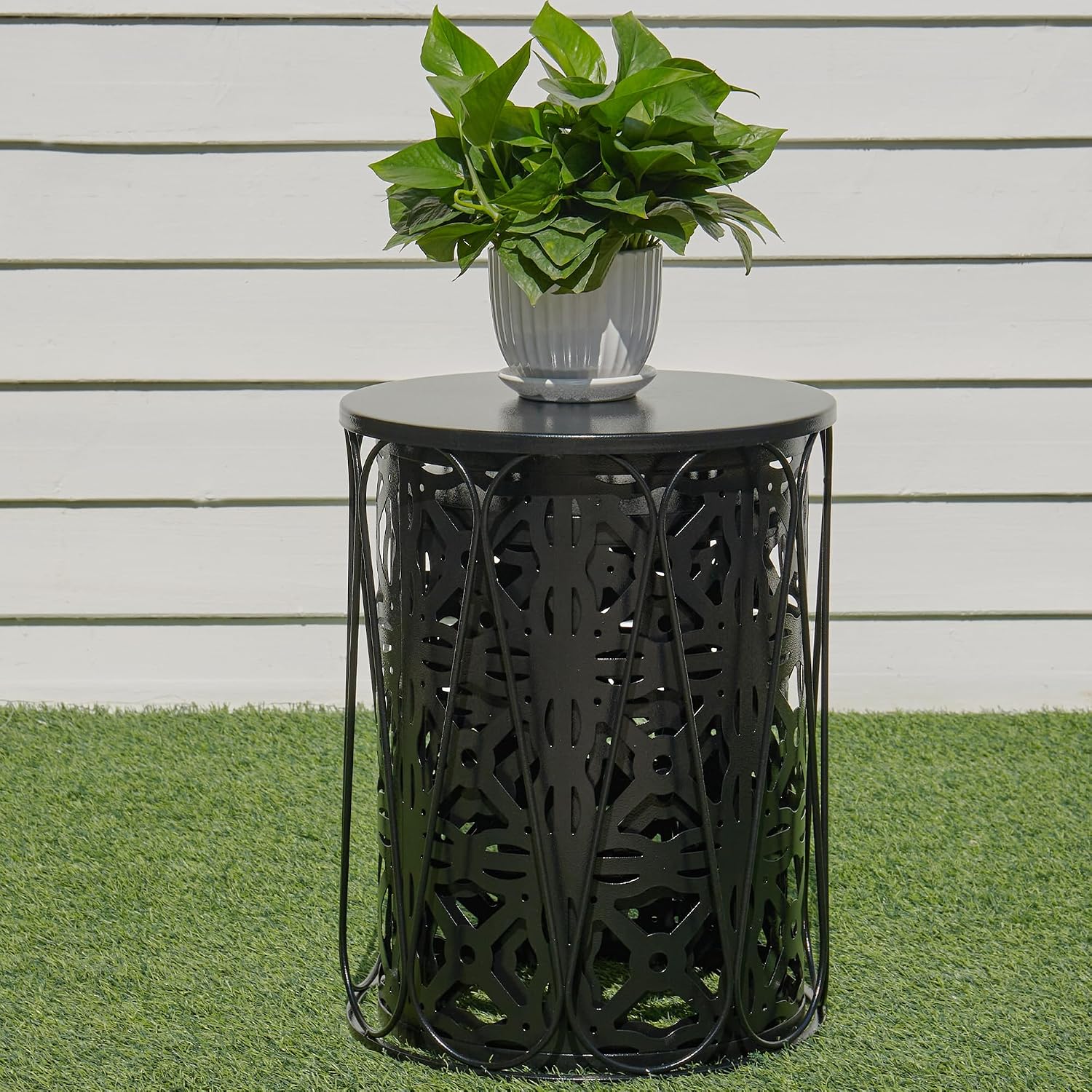Y&M Set of 3 Garden Black Accent Decorative Stool, Nesting Metal Round Coffee Table, Black End Tables, Heavy Duty Meta Plant Stand Decorative Garden Stool, Outdoor Multifunctional Use