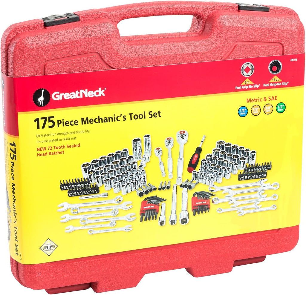 Great Neck GN175 175 Piece Mechanic's Tool Set, Mechanic Tool Kit, SAE And Metric Tool Set, Mechanical Tool Set, Auto Tool Set, Tool Box Set