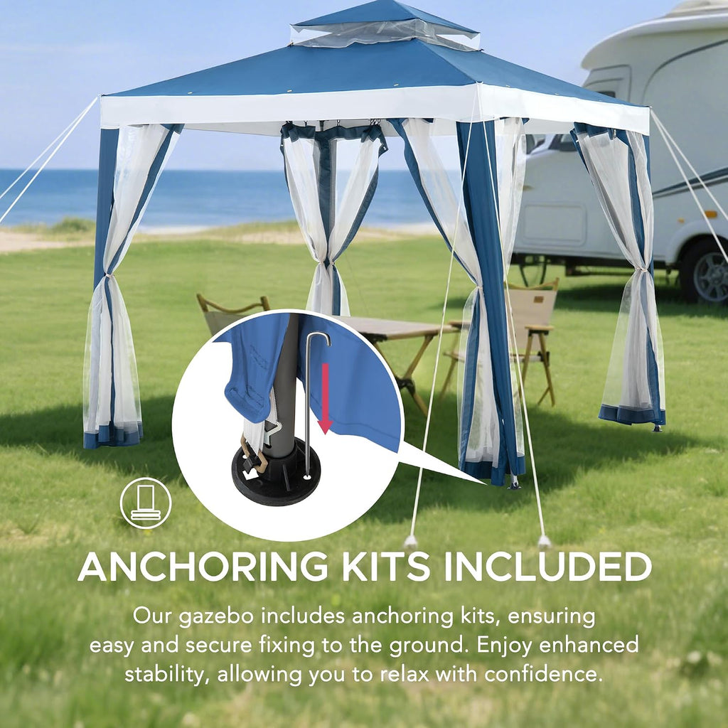 Sunjoy 8 x 8 ft. Soft Top Gazebo, Outdoor Patio Backyard Modern 2-Tier Steel Frame Gazebo with Mesh Netting - Navy Blue & White