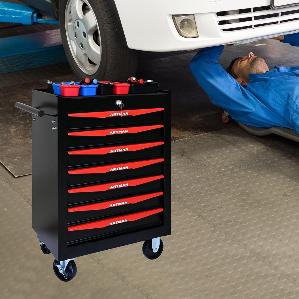 7 Drawers Tool Cart on Wheels, Multifunctional Rolling Tool Chest, Drawers Mobile Trolley Organizer Heavy Duty Tools Box with Locking Wheels & Ball Bearing Drawers (Black, 7 Drawers)